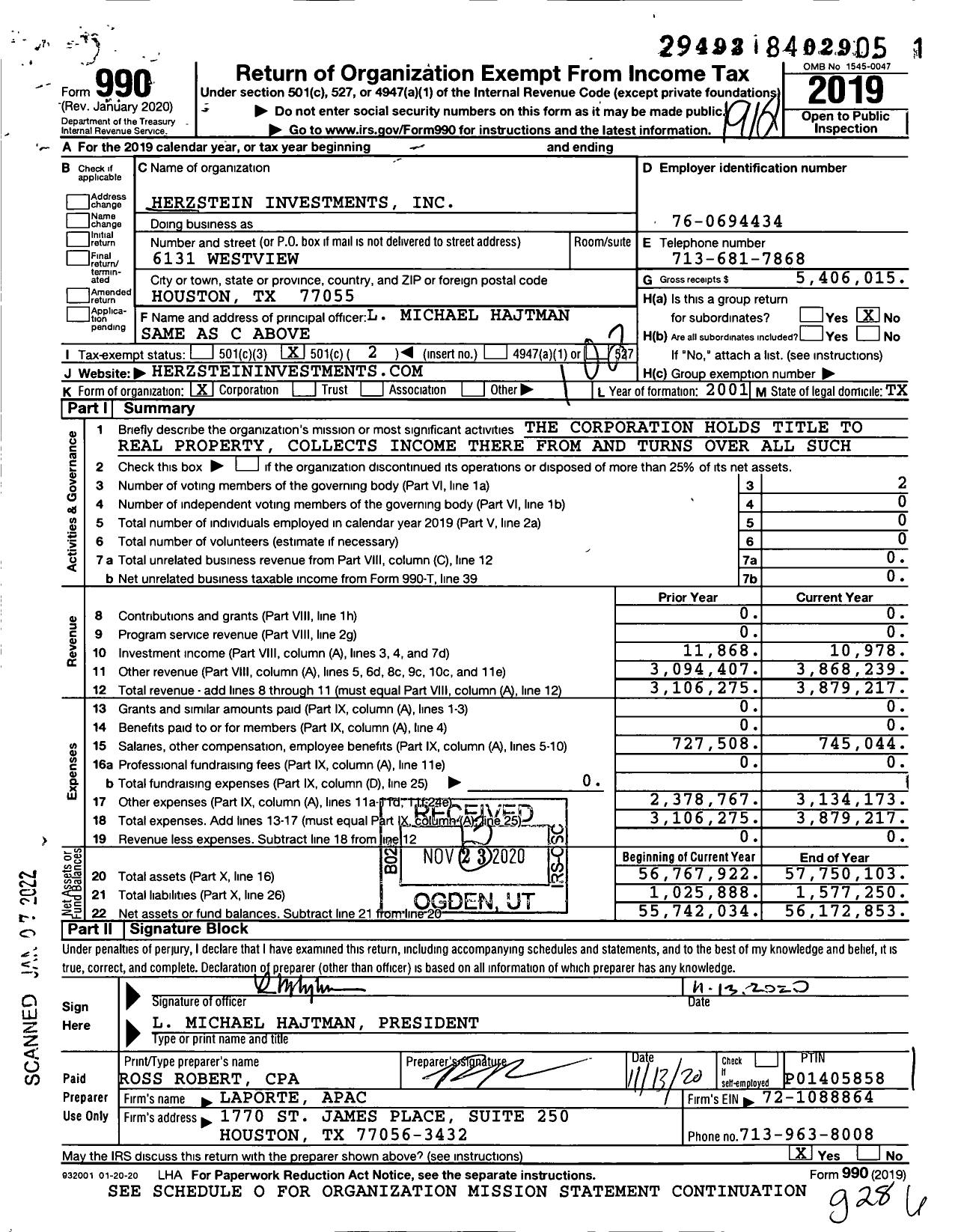 Image of first page of 2019 Form 990O for Herzstein Investments