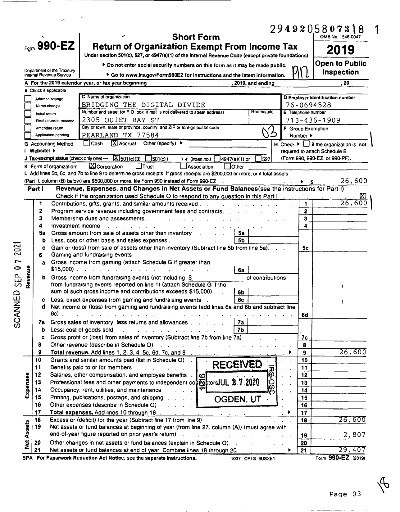 Image of first page of 2019 Form 990EZ for Bridging the Digital Divide