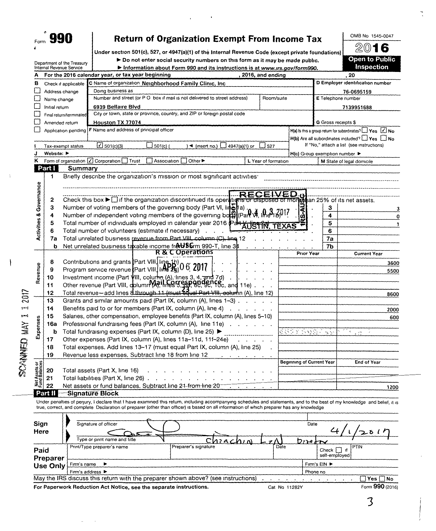 Image of first page of 2016 Form 990 for Neighborhood Family Clinic