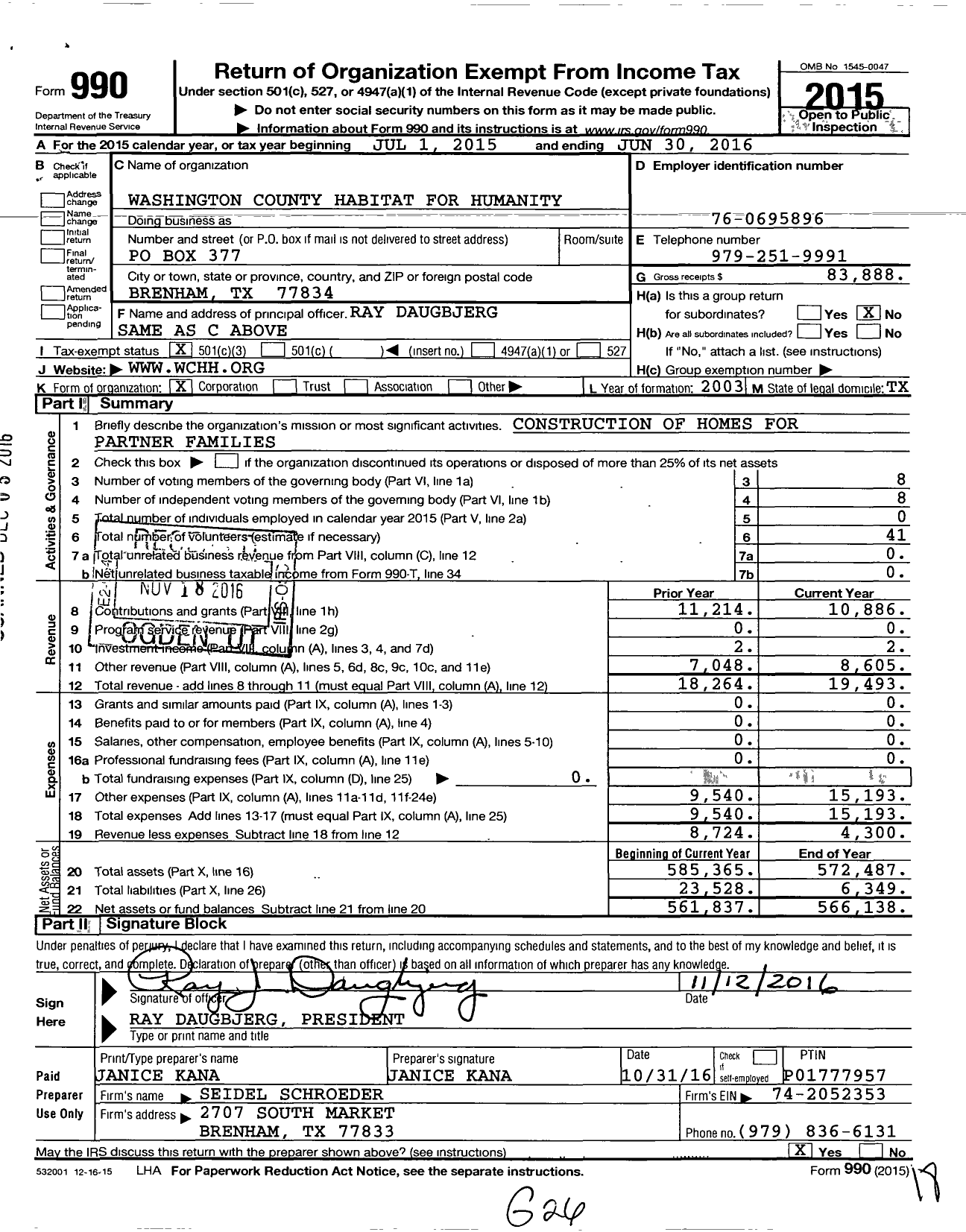 Image of first page of 2015 Form 990 for Washington County Habitat for Humanity