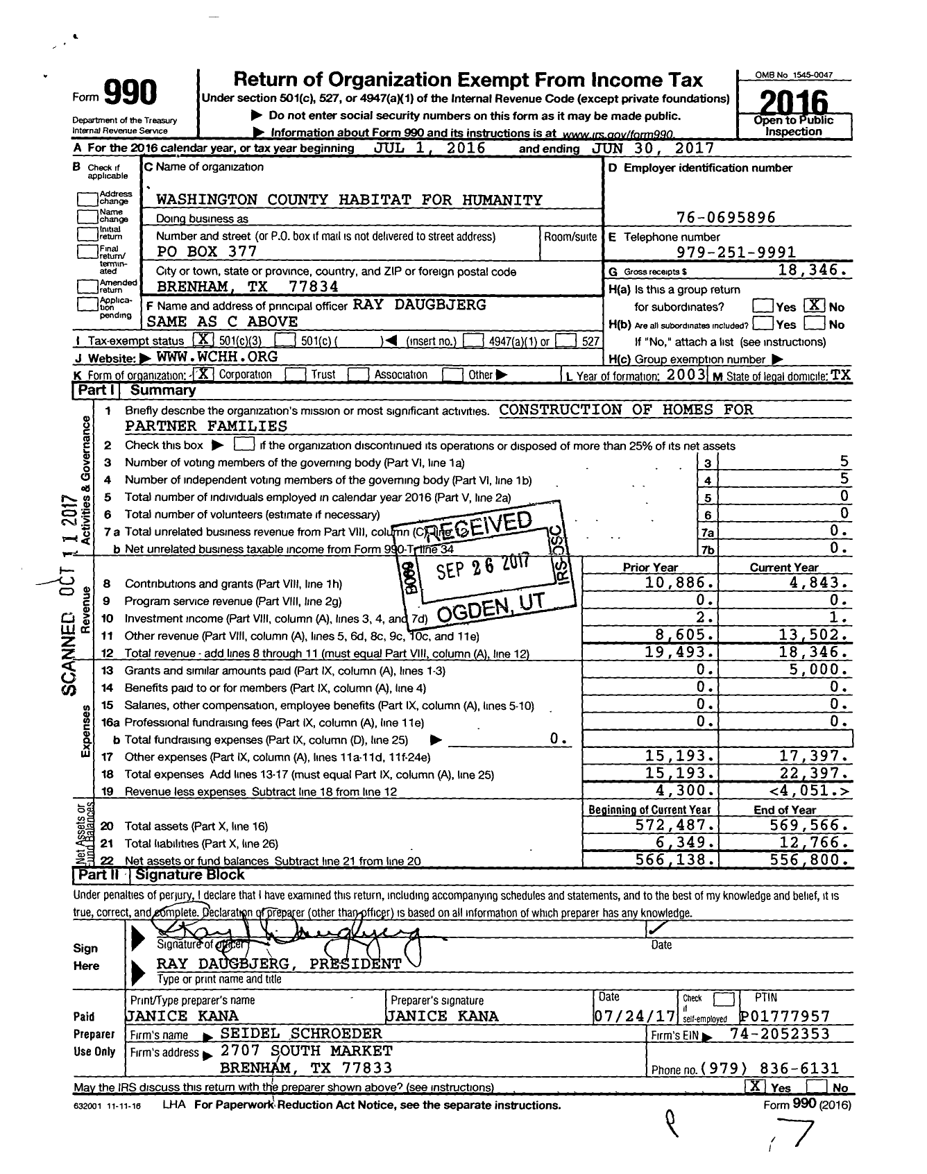 Image of first page of 2016 Form 990 for Washington County Habitat for Humanity