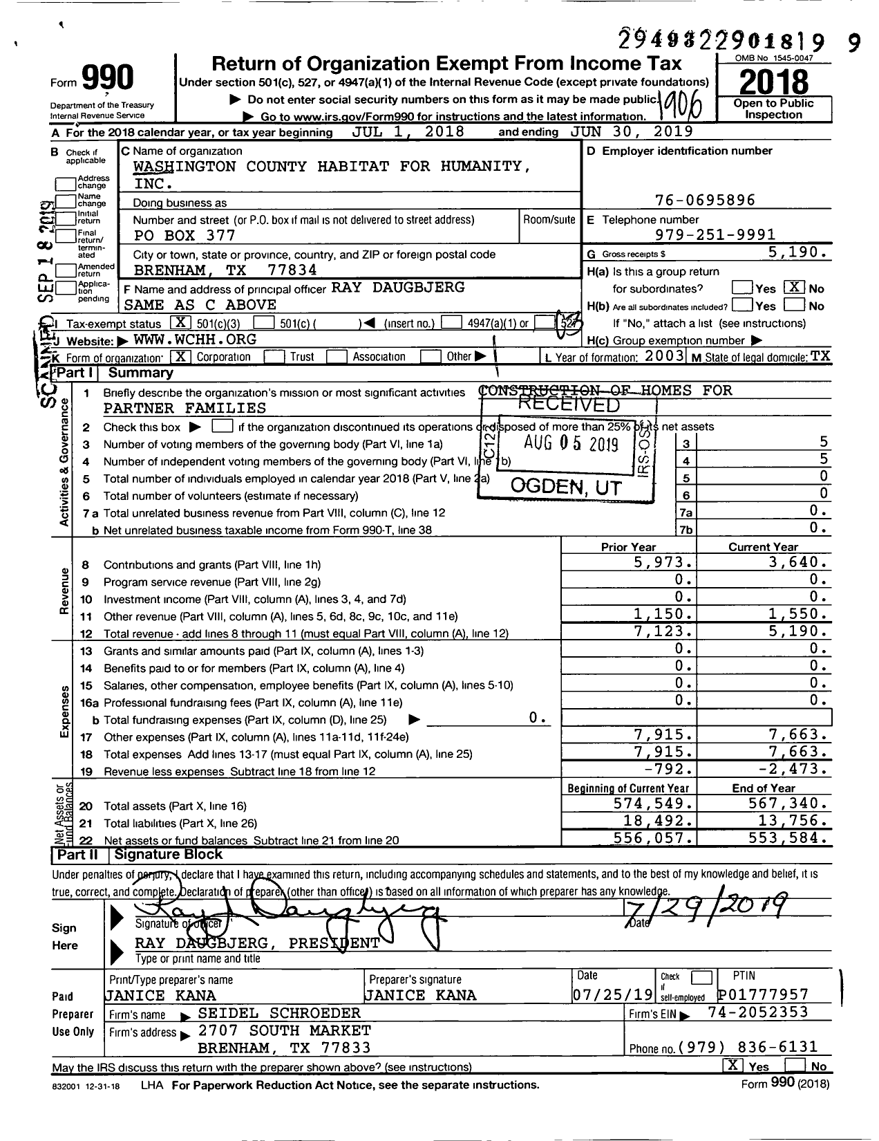 Image of first page of 2018 Form 990 for Washington County Habitat for Humanity