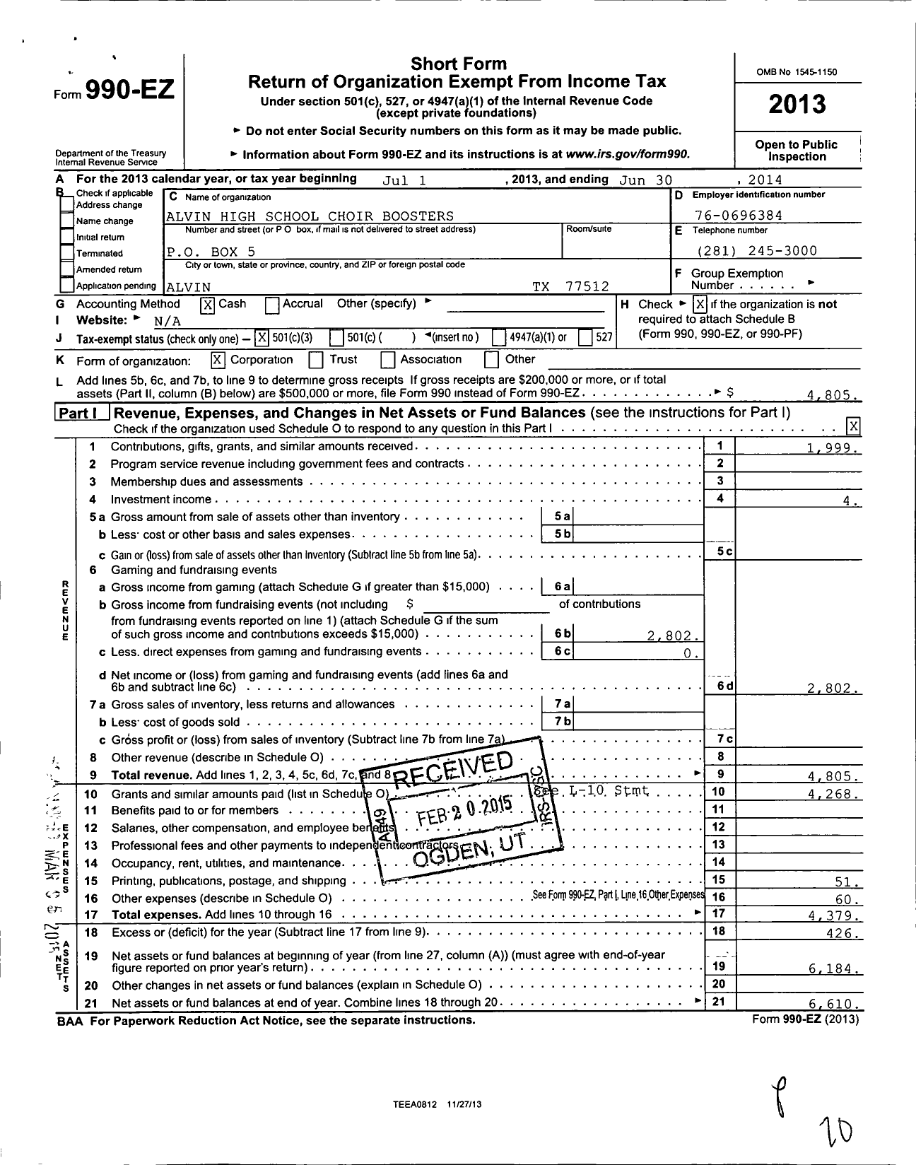 Image of first page of 2013 Form 990EZ for Alvin High School Choir Booster Club