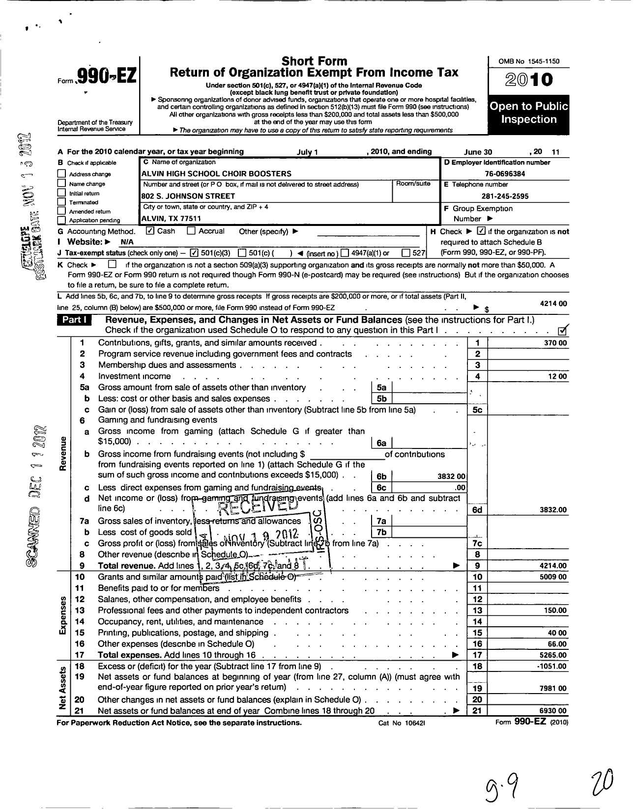 Image of first page of 2010 Form 990EZ for Alvin High School Choir Booster Club