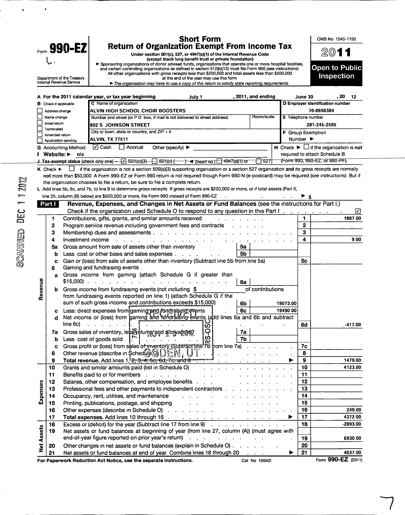 Image of first page of 2011 Form 990EZ for Alvin High School Choir Booster Club