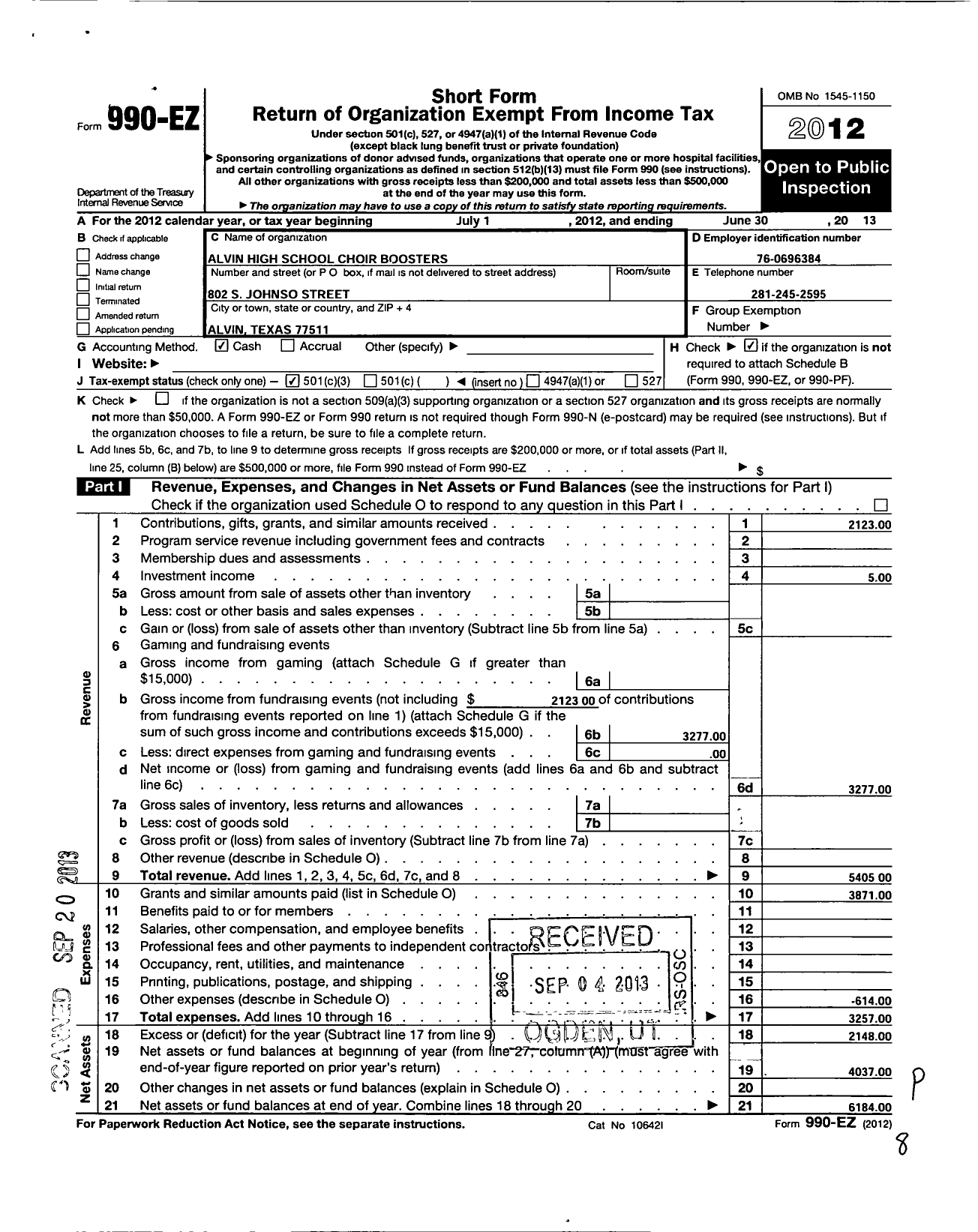 Image of first page of 2012 Form 990EZ for Alvin High School Choir Booster Club