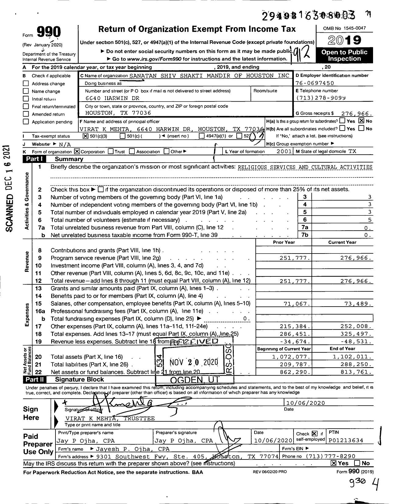 Image of first page of 2019 Form 990 for Sanatan Shiv Shakti Mandir of Houston