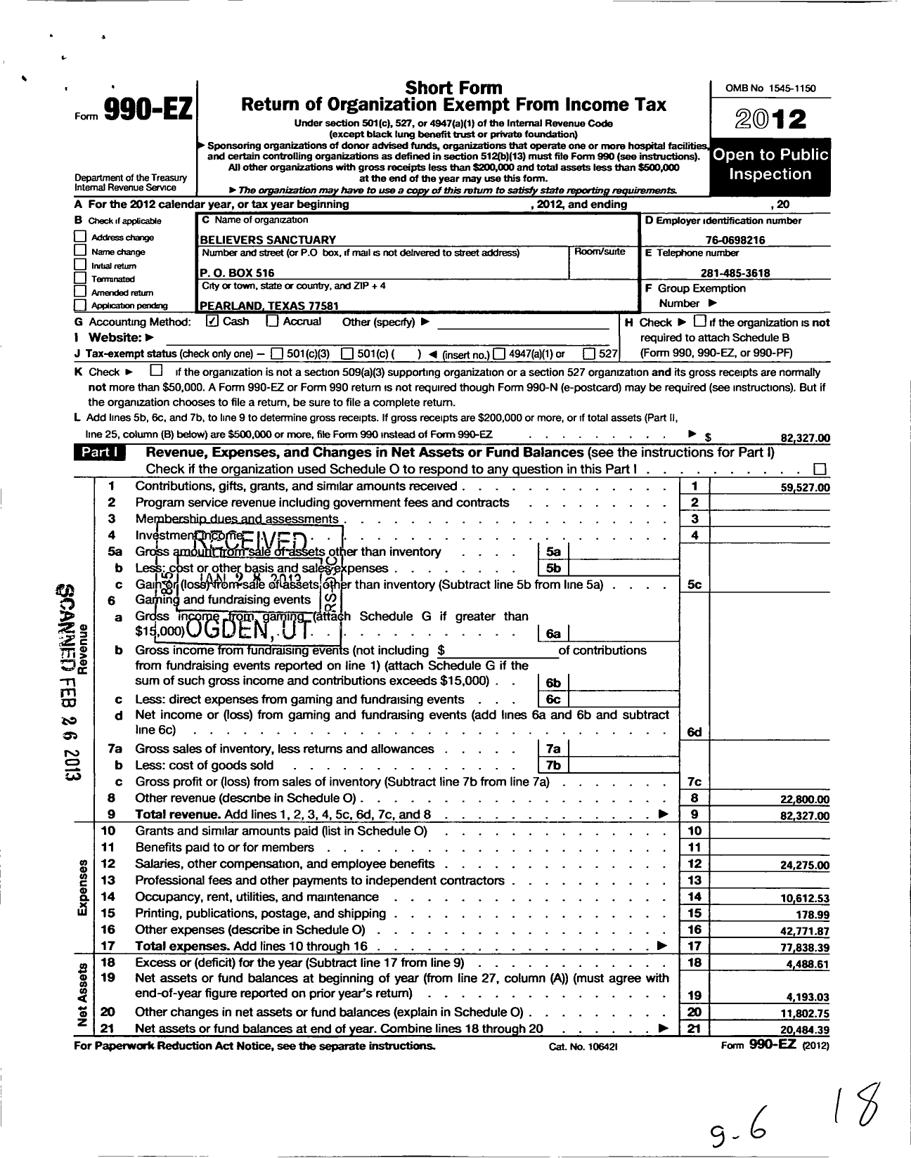 Image of first page of 2012 Form 990EO for Believers Sanctuary