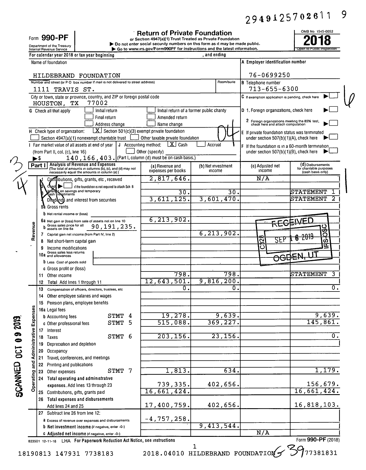 Image of first page of 2018 Form 990PF for Hildebrand Foundation