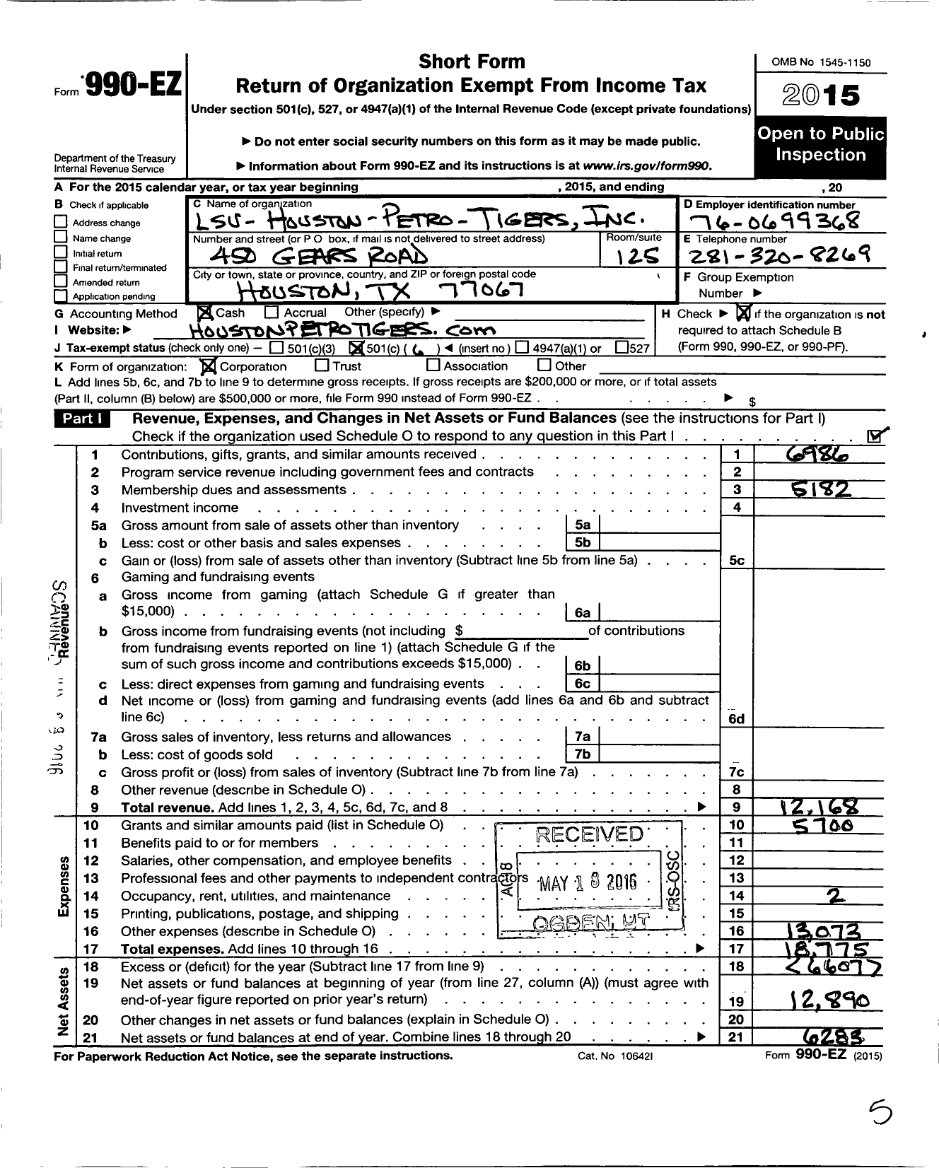 Image of first page of 2015 Form 990EO for Lsu-Houston Petro-Tigers