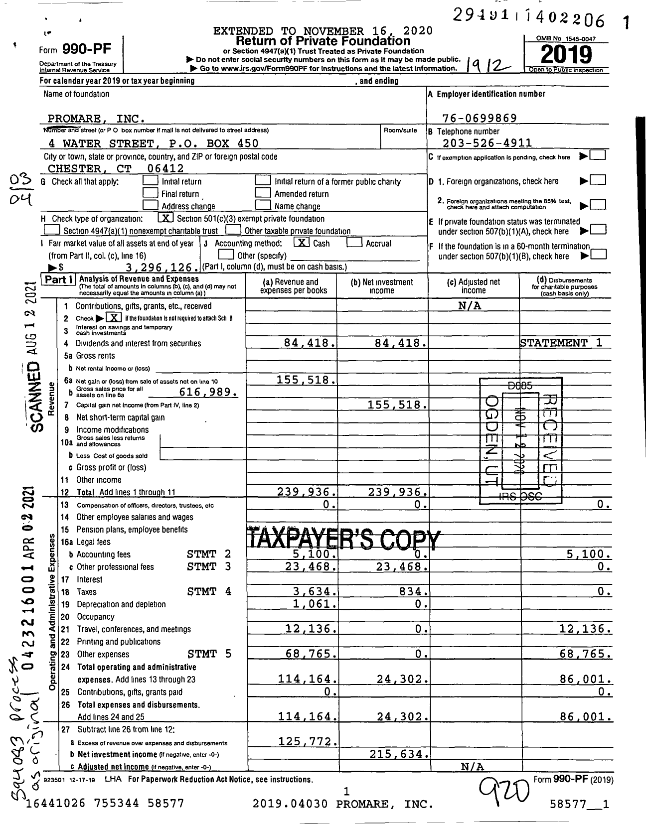 Image of first page of 2019 Form 990PF for Promare