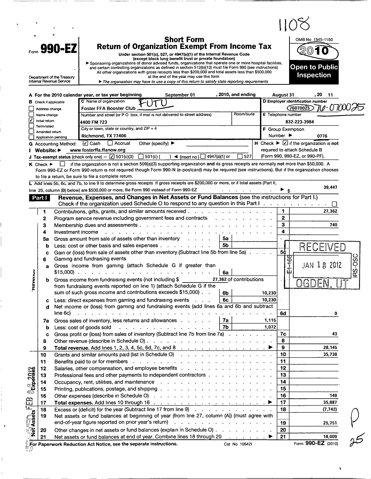 Image of first page of 2010 Form 990EZ for Future Farmers of America - Foster Ffa Booster Club