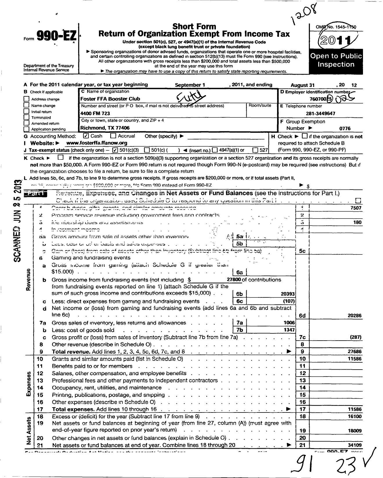 Image of first page of 2011 Form 990EZ for Future Farmers of America - Foster Ffa Booster Club