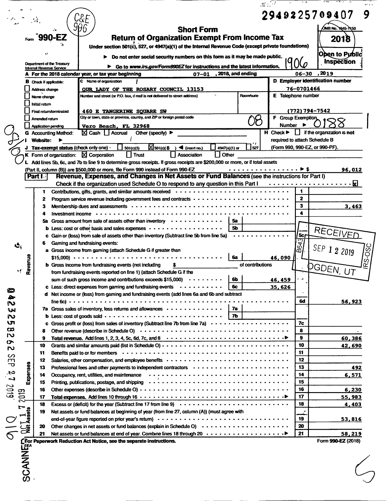 Image of first page of 2018 Form 990EO for Knights of Columbus - 13153 Our Lady of the Rosary Counci