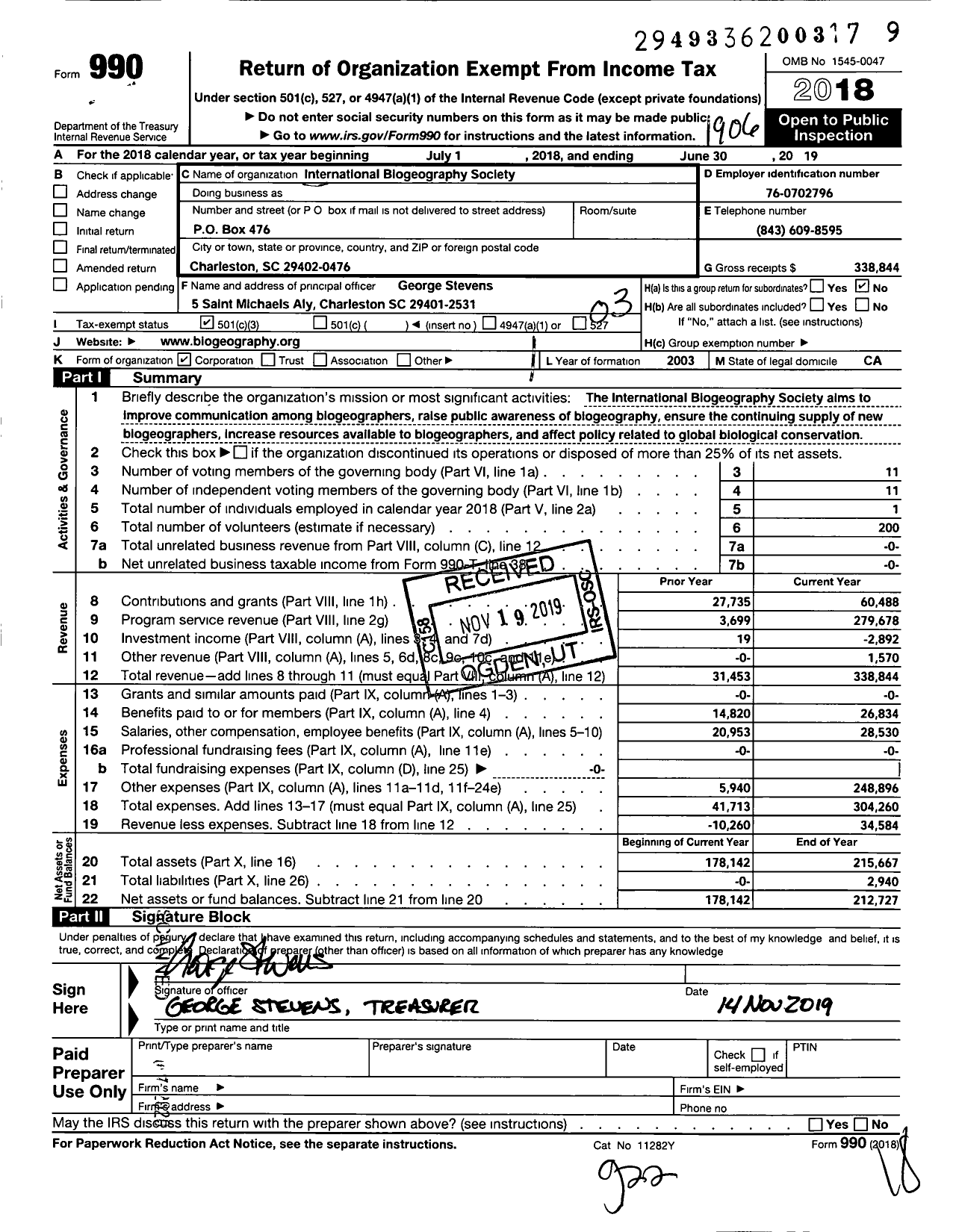 Image of first page of 2018 Form 990 for International Biogeography Society