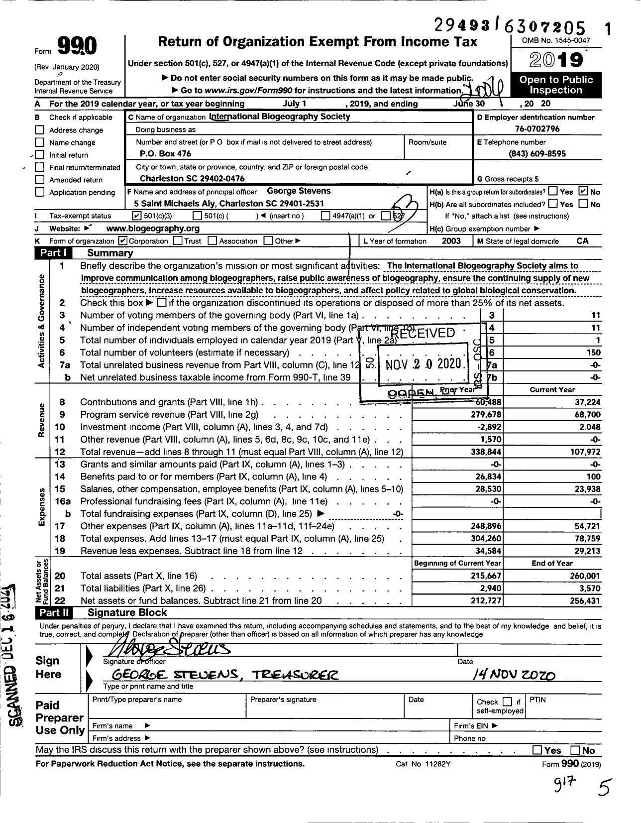 Image of first page of 2019 Form 990 for International Biogeography Society