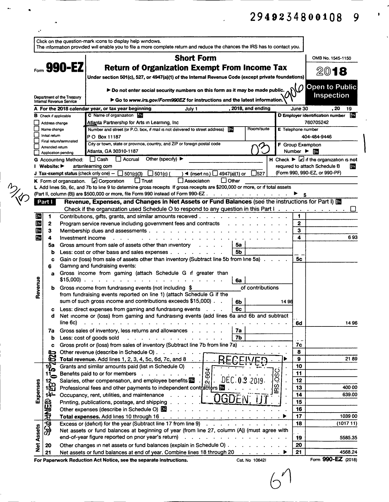 Image of first page of 2018 Form 990EZ for Atlanta Partnership for Arts in Learning