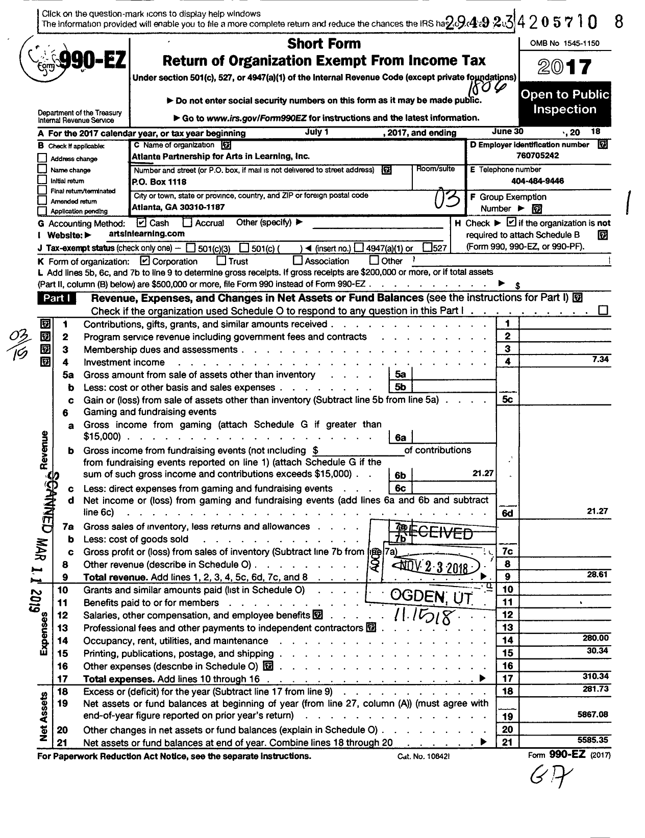 Image of first page of 2017 Form 990EZ for Atlanta Partnership for Arts in Learning