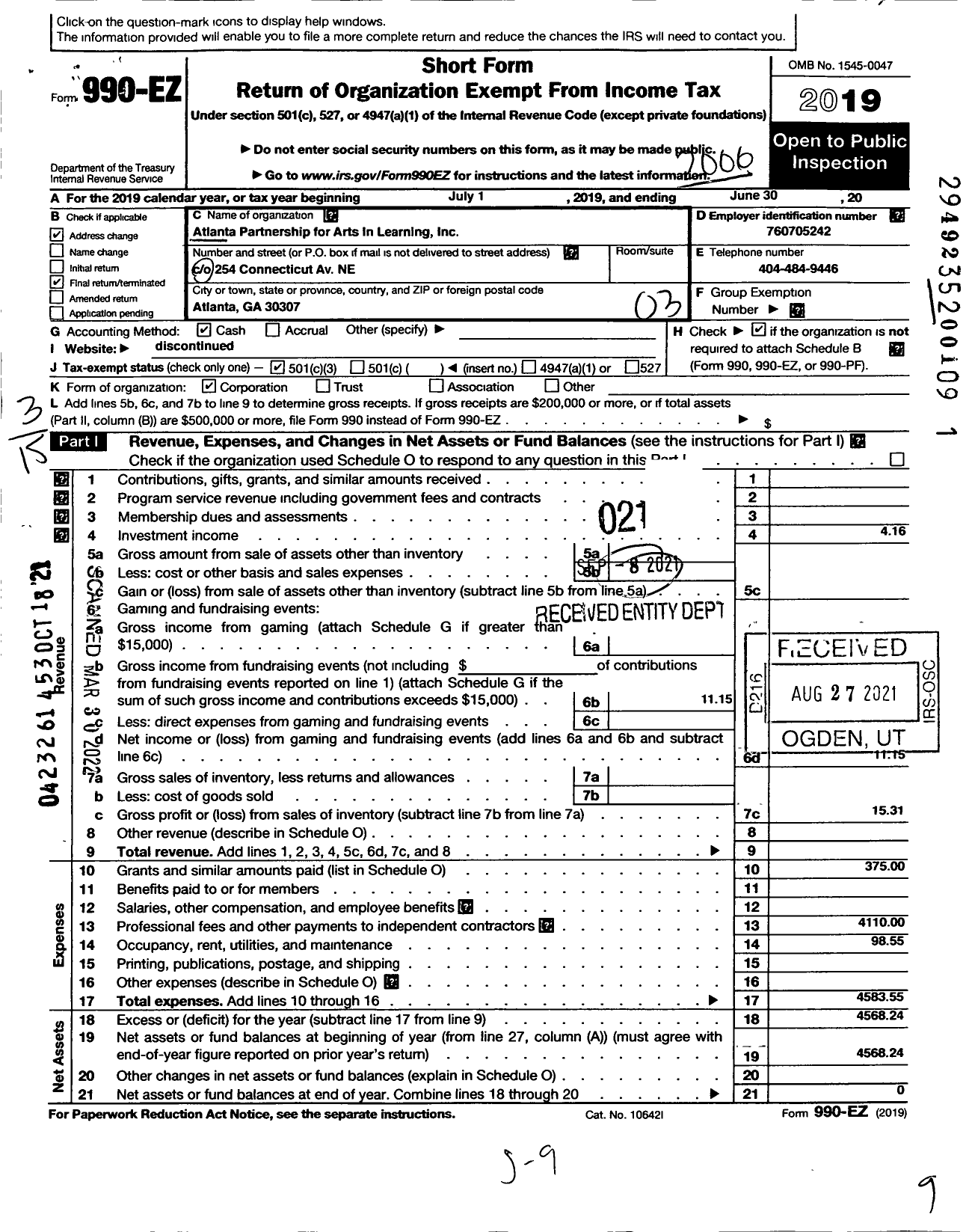 Image of first page of 2019 Form 990EZ for Atlanta Partnership for Arts in Learning