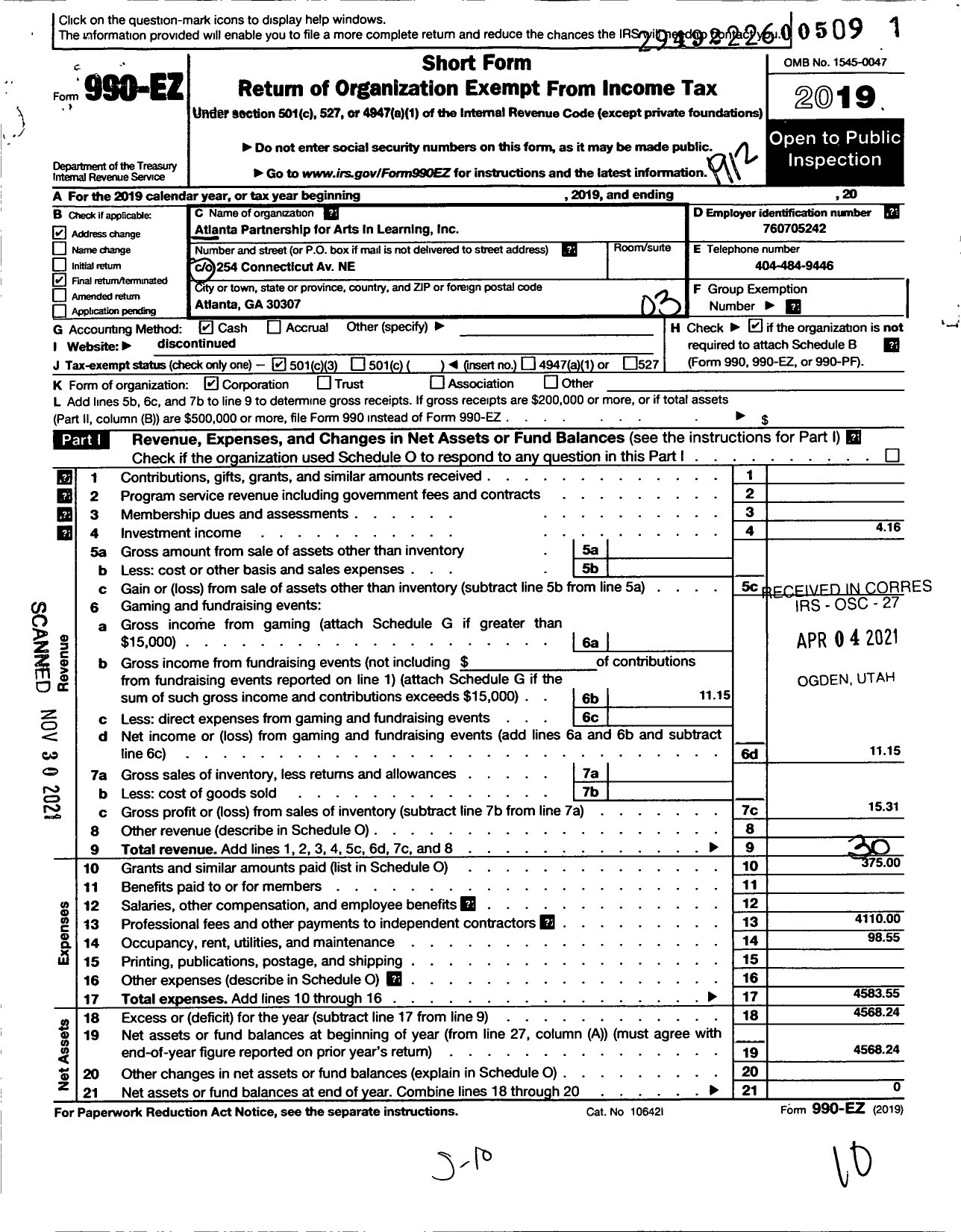 Image of first page of 2019 Form 990EZ for Atlanta Partnership for Arts in Learning