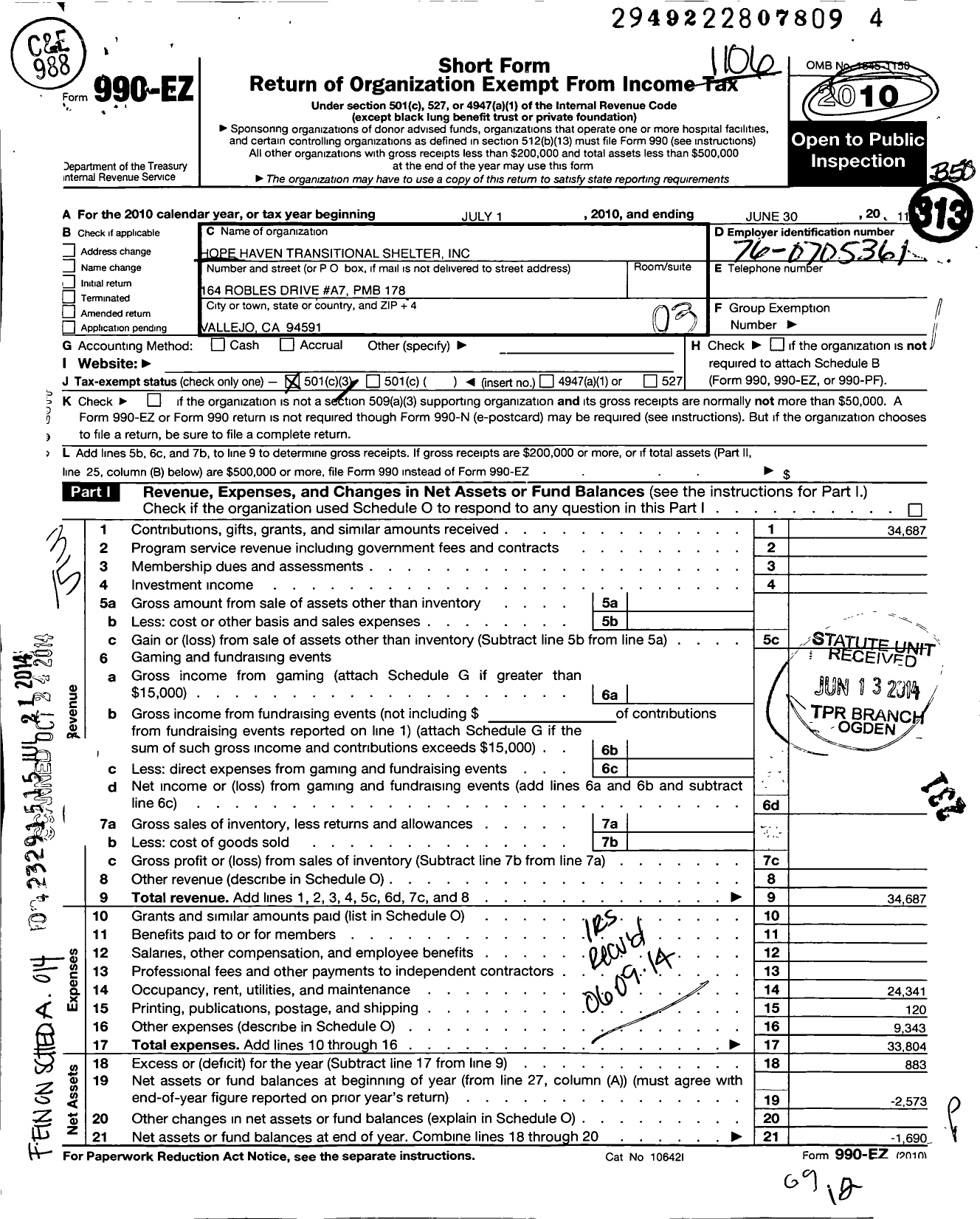 Image of first page of 2010 Form 990EZ for Hope Haven Transitional Shelter