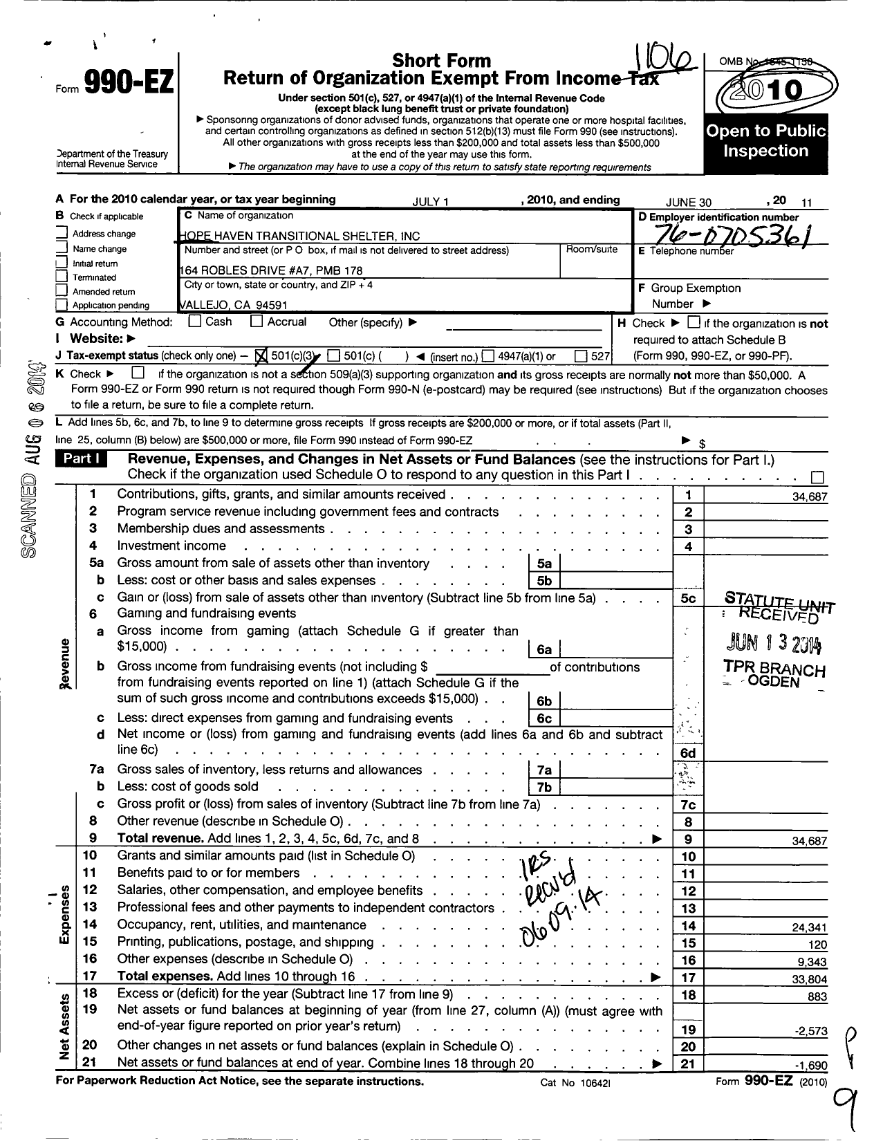 Image of first page of 2010 Form 990EZ for Hope Haven Transitional Shelter