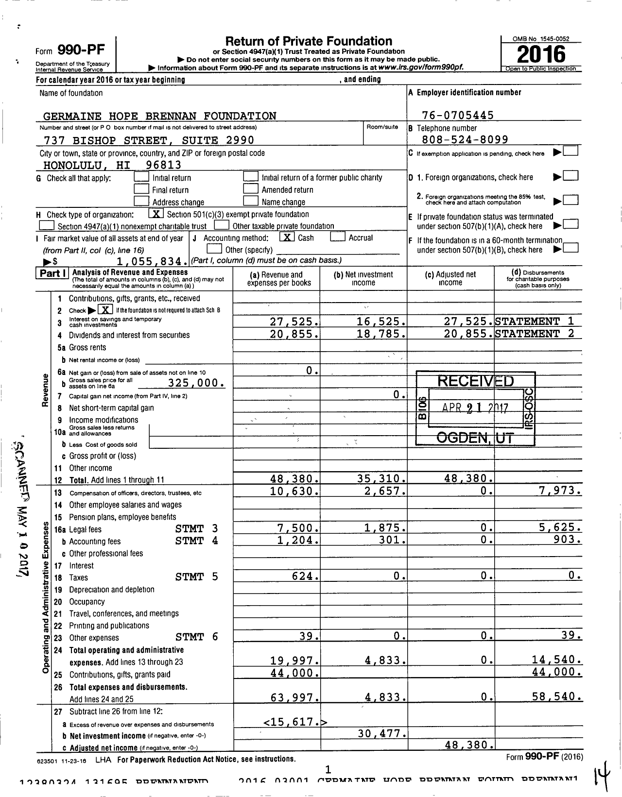 Image of first page of 2016 Form 990PF for Germaine Hope Brennan Foundation