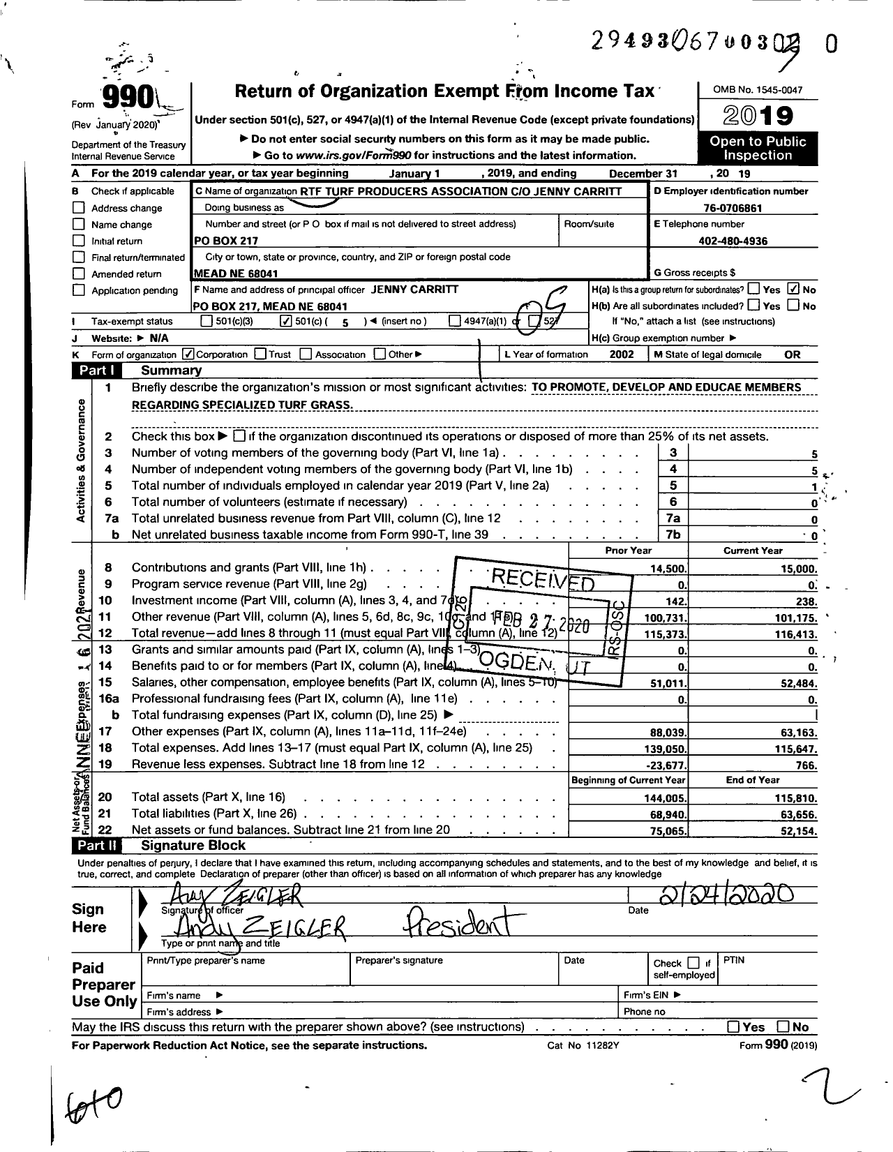 Image of first page of 2019 Form 990O for Turf Producers Association