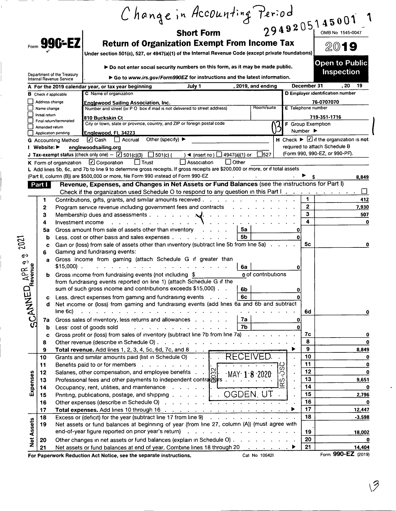 Image of first page of 2019 Form 990EZ for Englewood Sailing Association