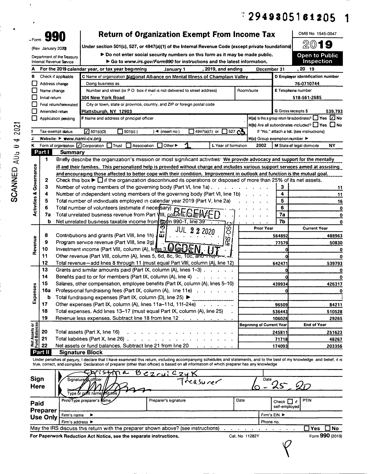 Image of first page of 2019 Form 990 for National Alliance for Mentally Illiness of Champlain Valley