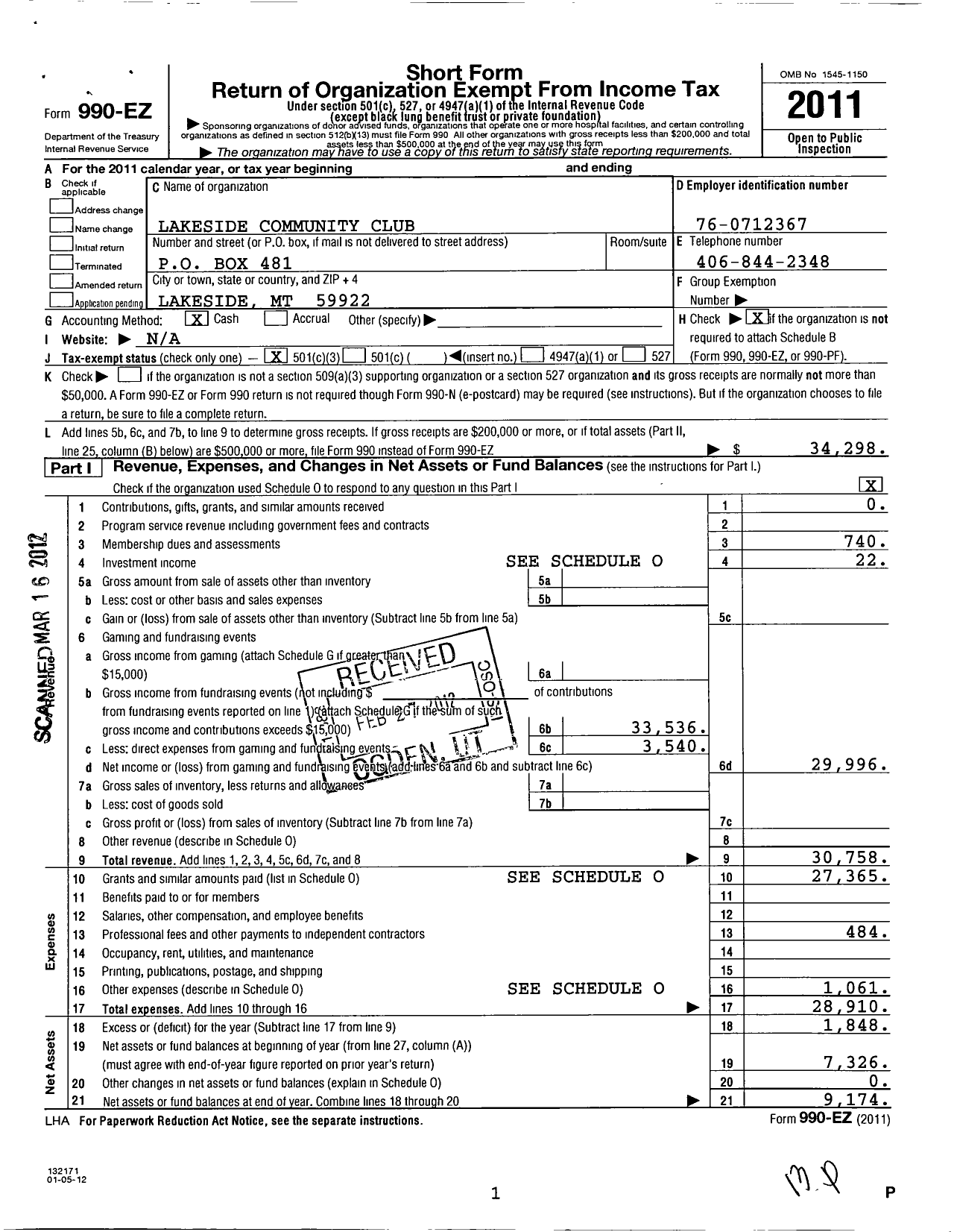 Image of first page of 2011 Form 990EZ for Lakeside Community Club