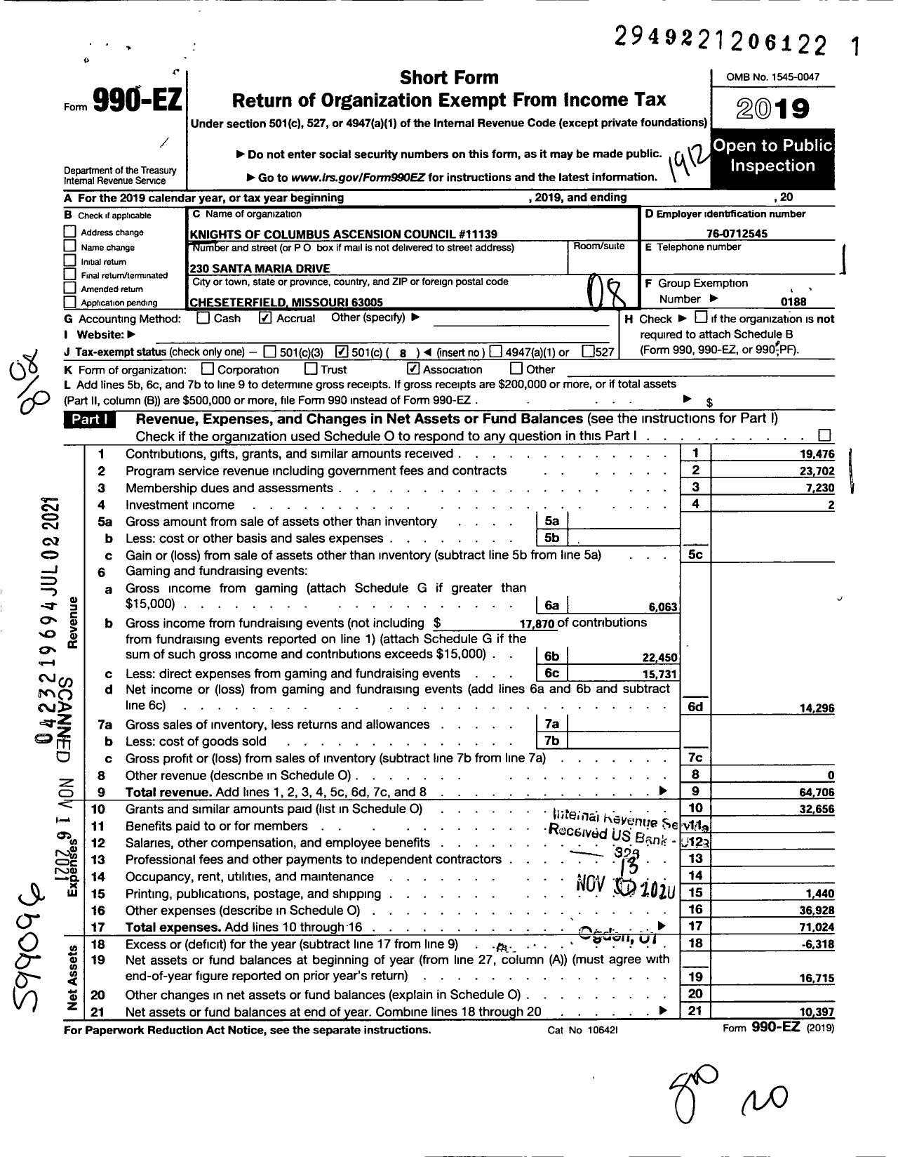 Image of first page of 2019 Form 990EO for Knights of Columbus - 11139 Ascension Council