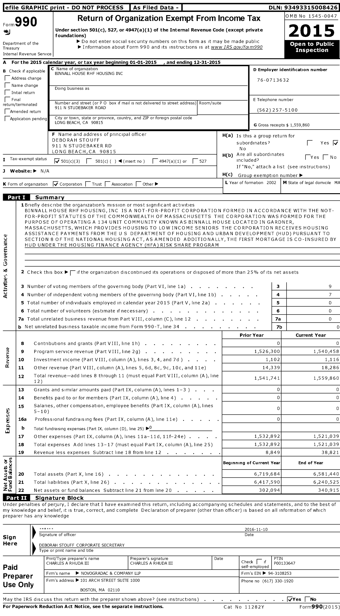 Image of first page of 2015 Form 990 for Binnall House RHF Housing