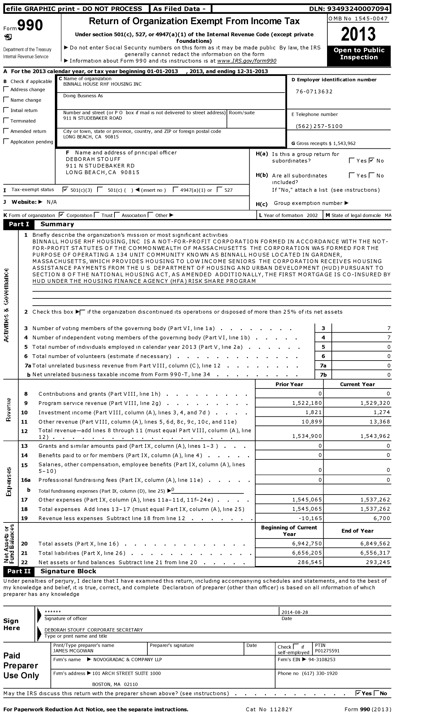 Image of first page of 2013 Form 990 for Binnall House RHF Housing