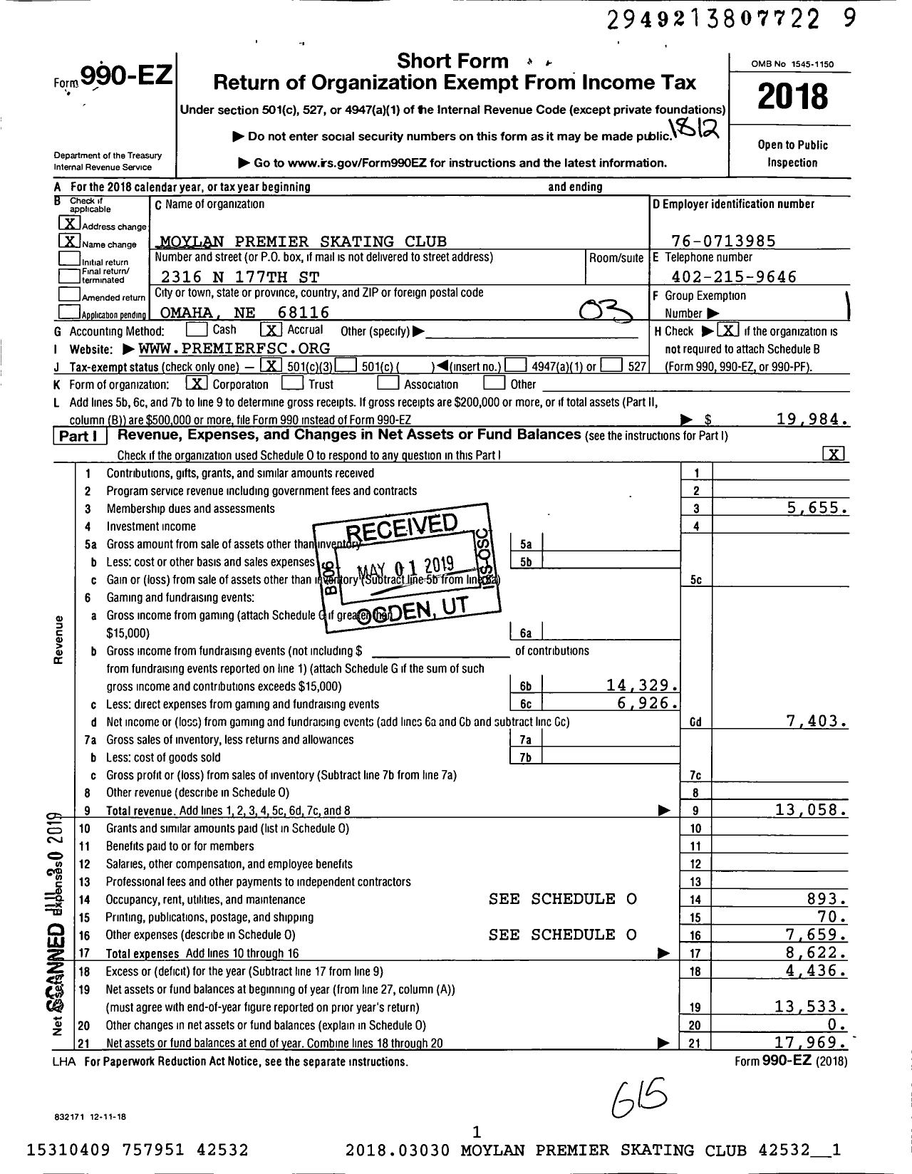 Image of first page of 2018 Form 990EZ for Moylan Premier Skating Club