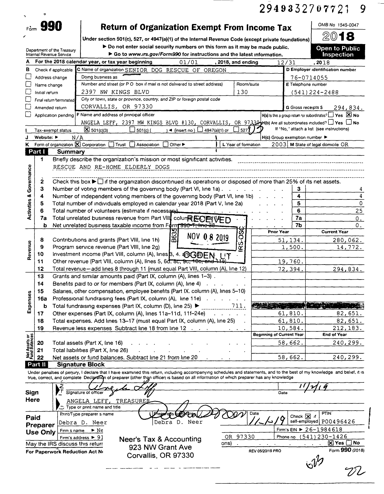 Image of first page of 2018 Form 990 for Senior Dog Rescue of Oregon