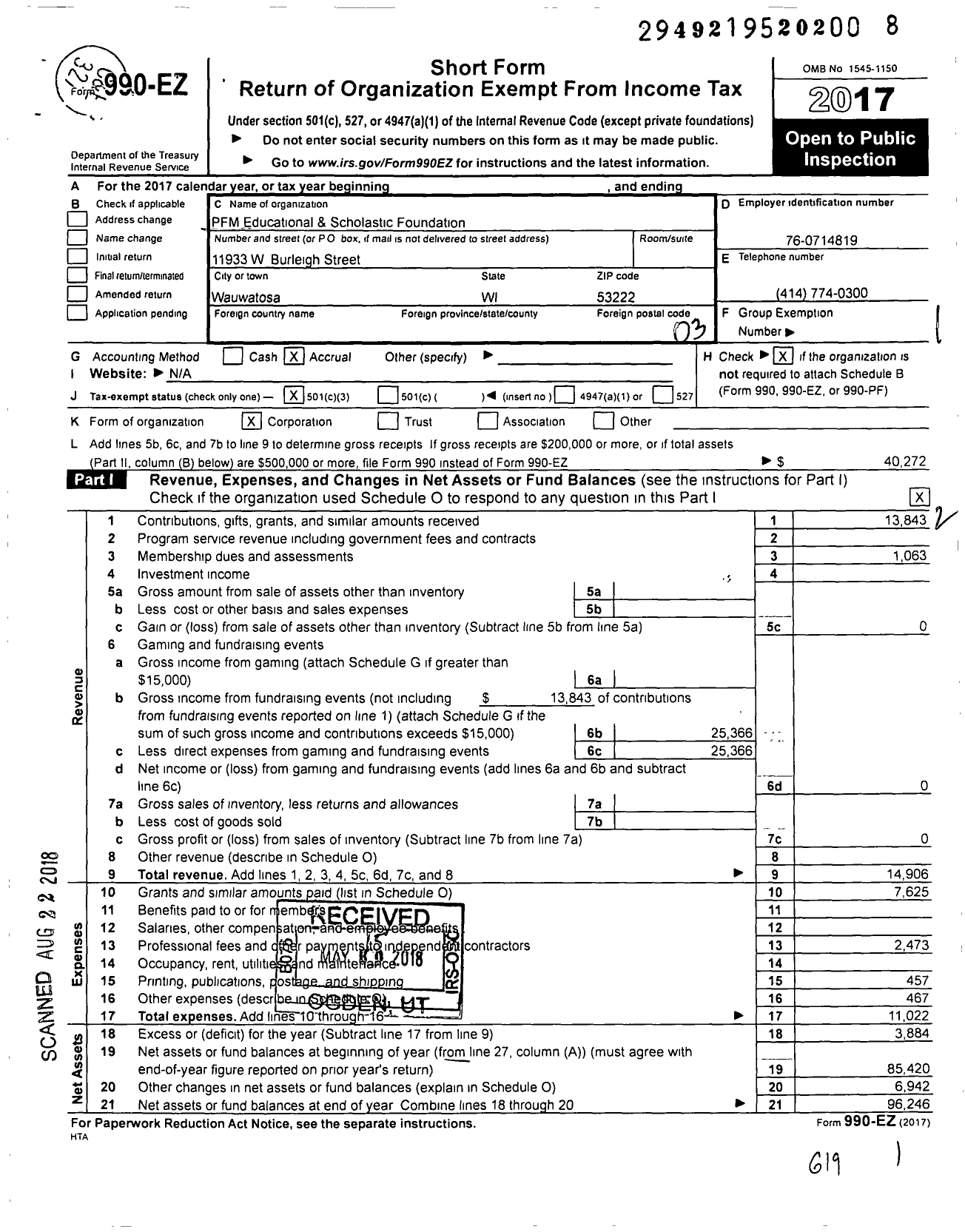 Image of first page of 2017 Form 990EZ for PFM Educational & Scholastic Foundation