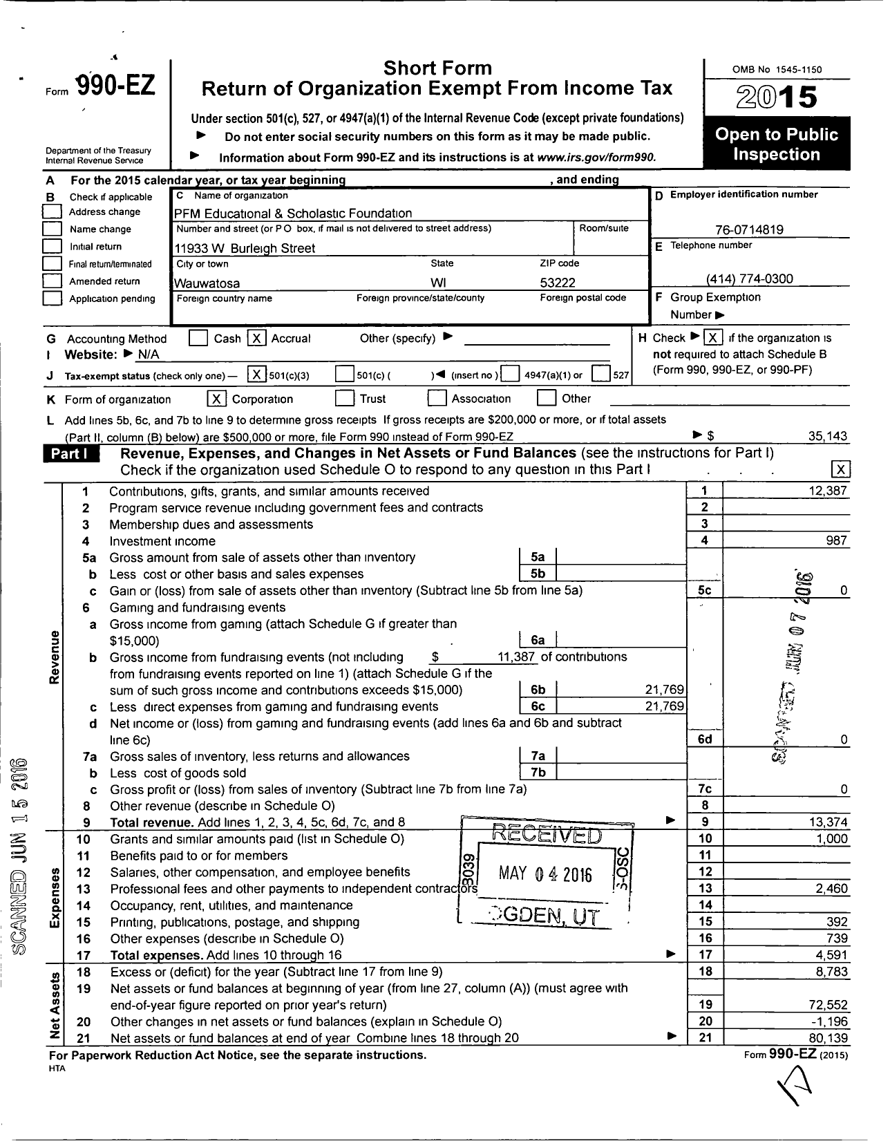 Image of first page of 2015 Form 990EZ for PFM Educational & Scholastic Foundation