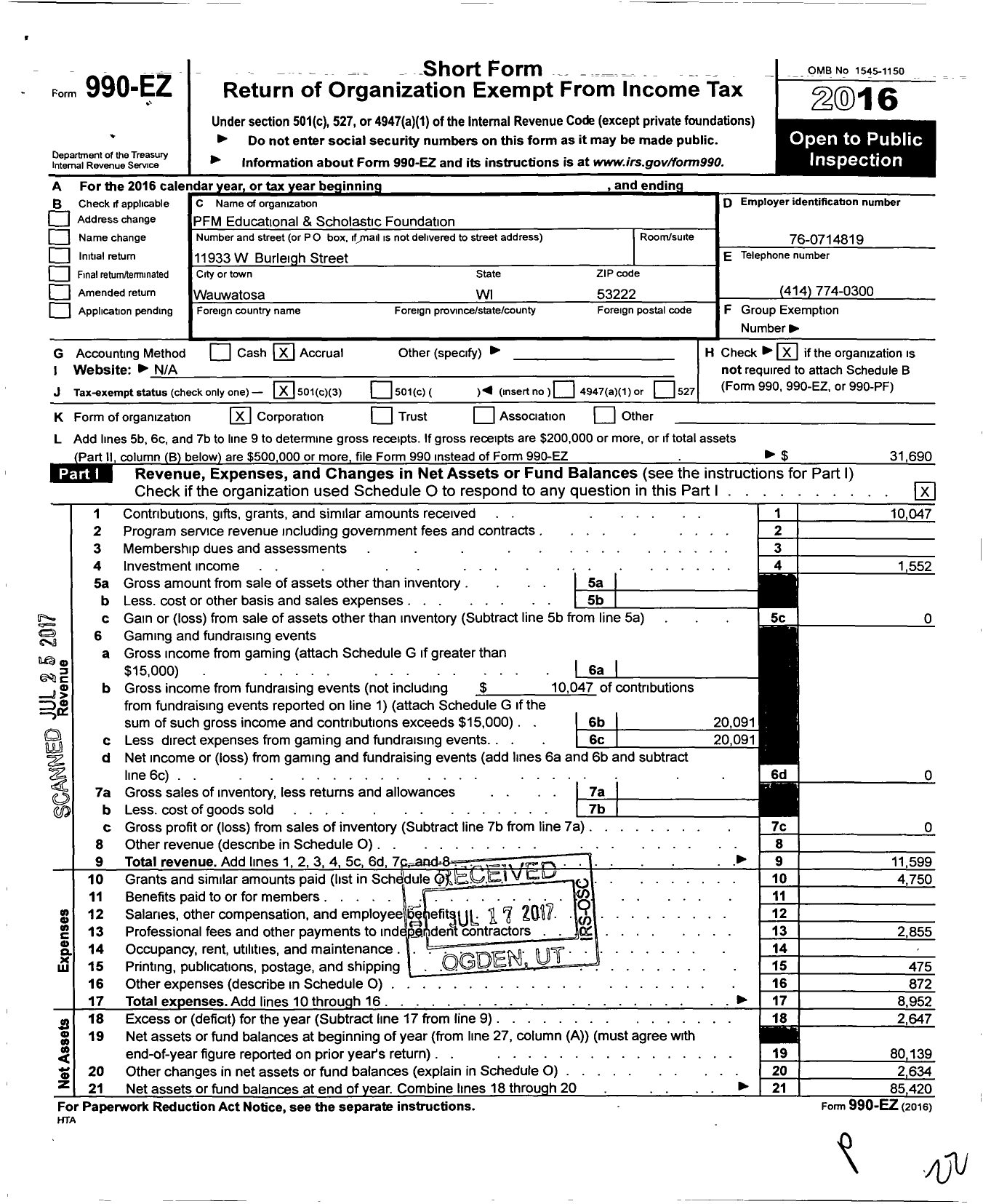 Image of first page of 2016 Form 990EZ for PFM Educational & Scholastic Foundation