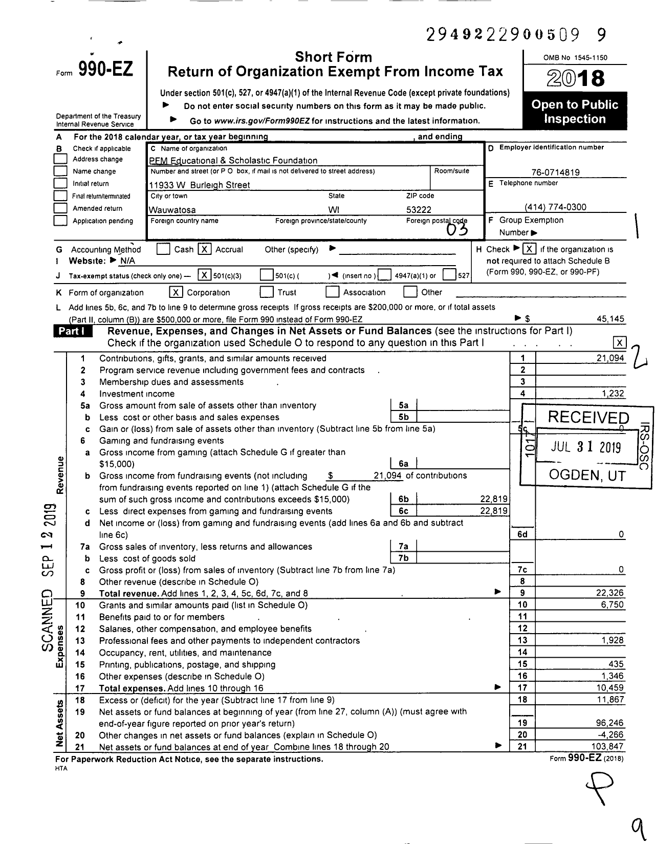 Image of first page of 2018 Form 990EZ for PFM Educational & Scholastic Foundation