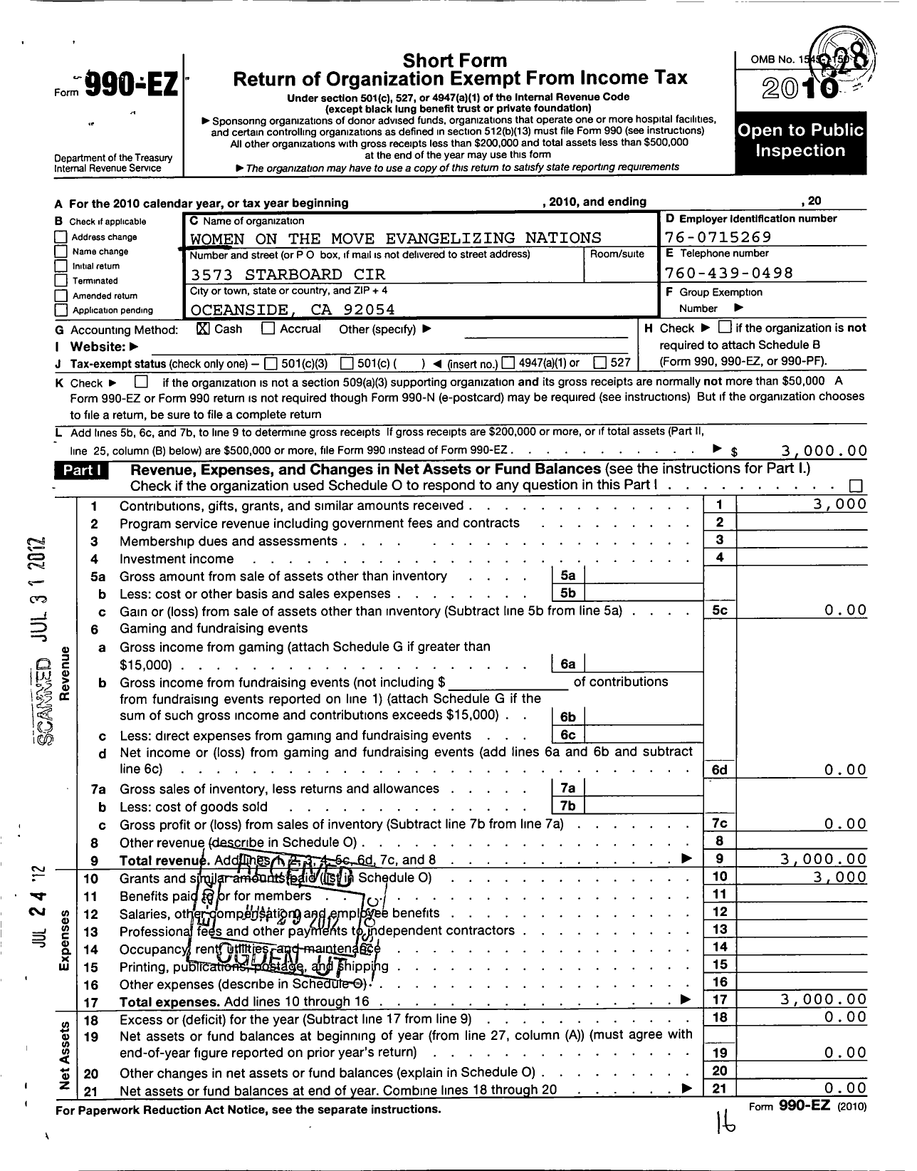 Image of first page of 2010 Form 990EO for Women on the Move Evangelizing Nations N S D Cty