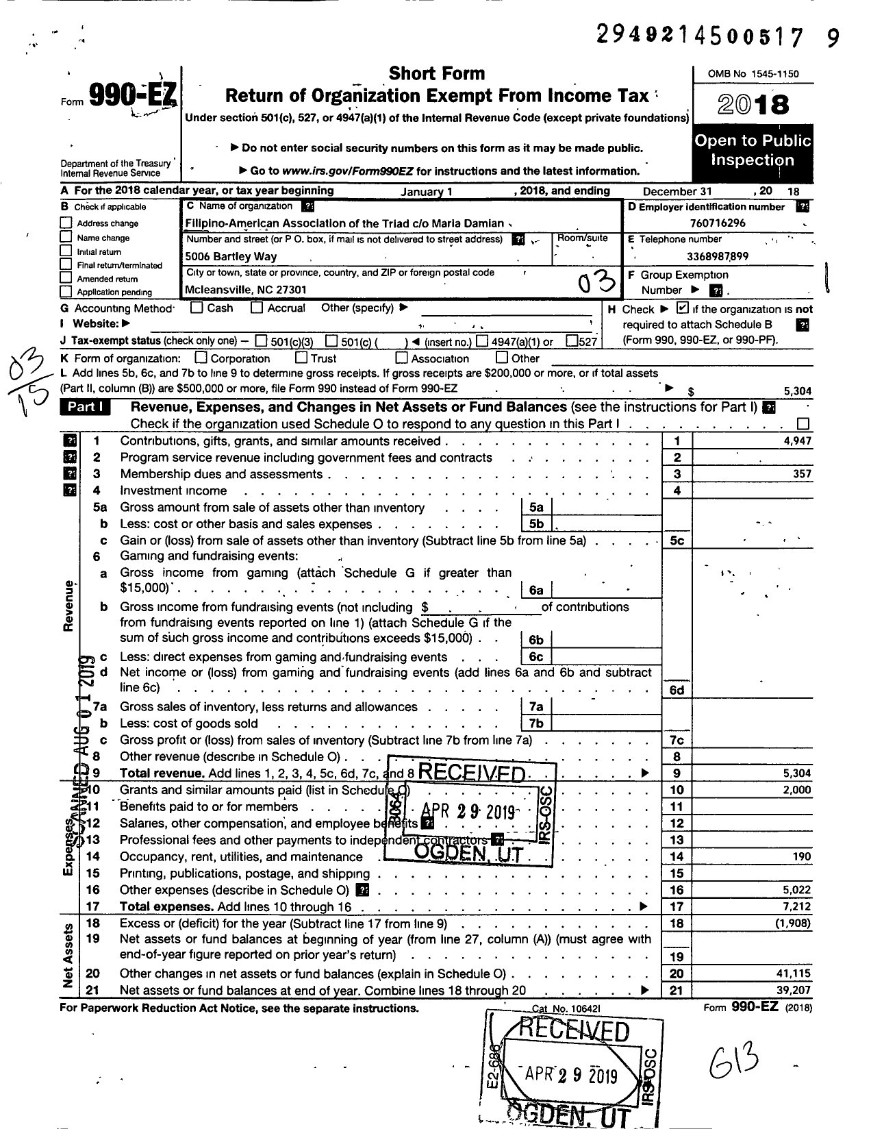 Image of first page of 2018 Form 990EZ for Fil-Am Association of the Triad North Carolina USA