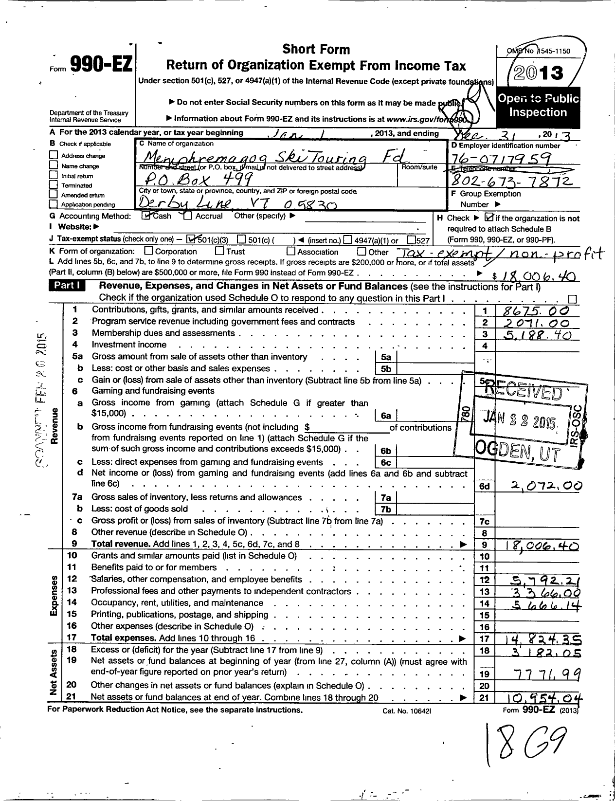 Image of first page of 2012 Form 990EZ for Memphremagog Ski Touring Foundation