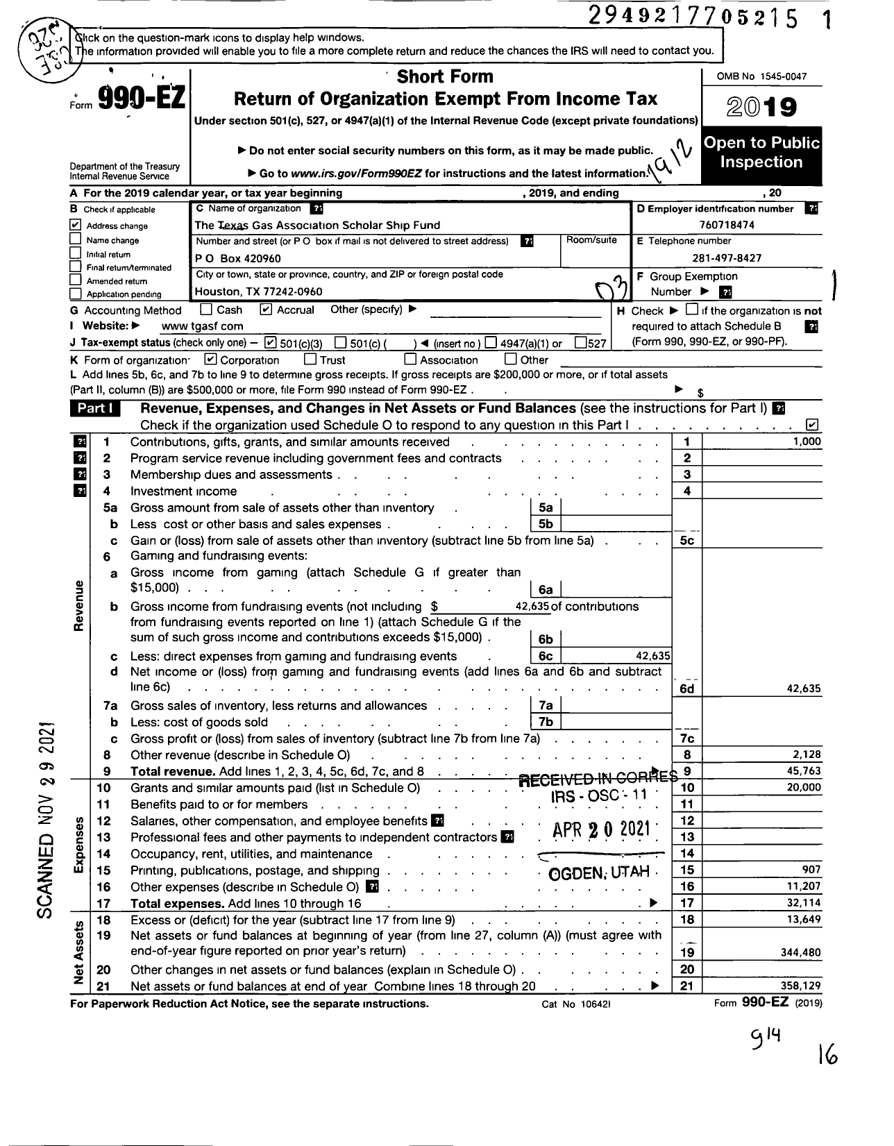 Image of first page of 2019 Form 990EZ for Texas Gas Association Scholarship Fund