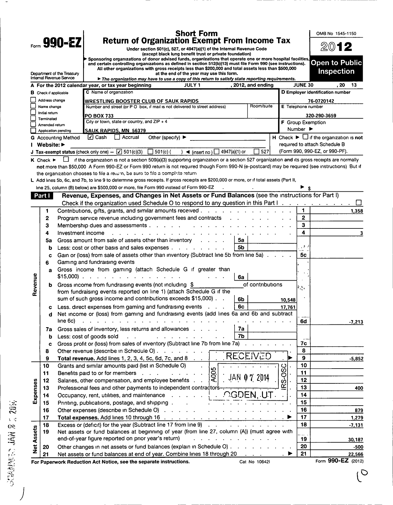 Image of first page of 2012 Form 990EZ for Wrestling Booster Club of Sauk Rapids Rice