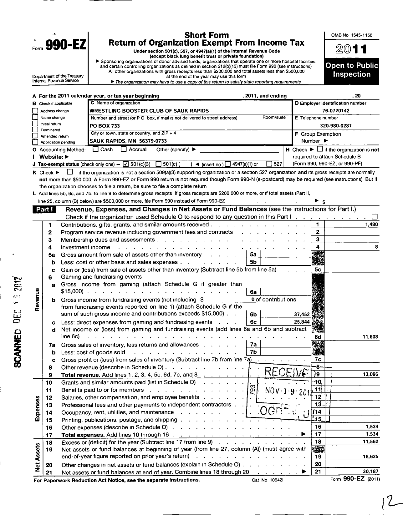 Image of first page of 2011 Form 990EZ for Wrestling Booster Club of Sauk Rapids Rice