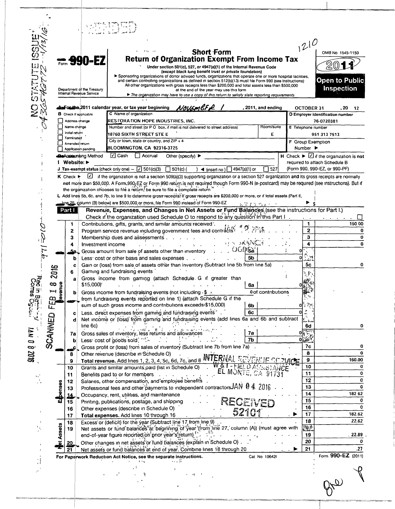 Image of first page of 2011 Form 990EZ for Restoration Hope Industries