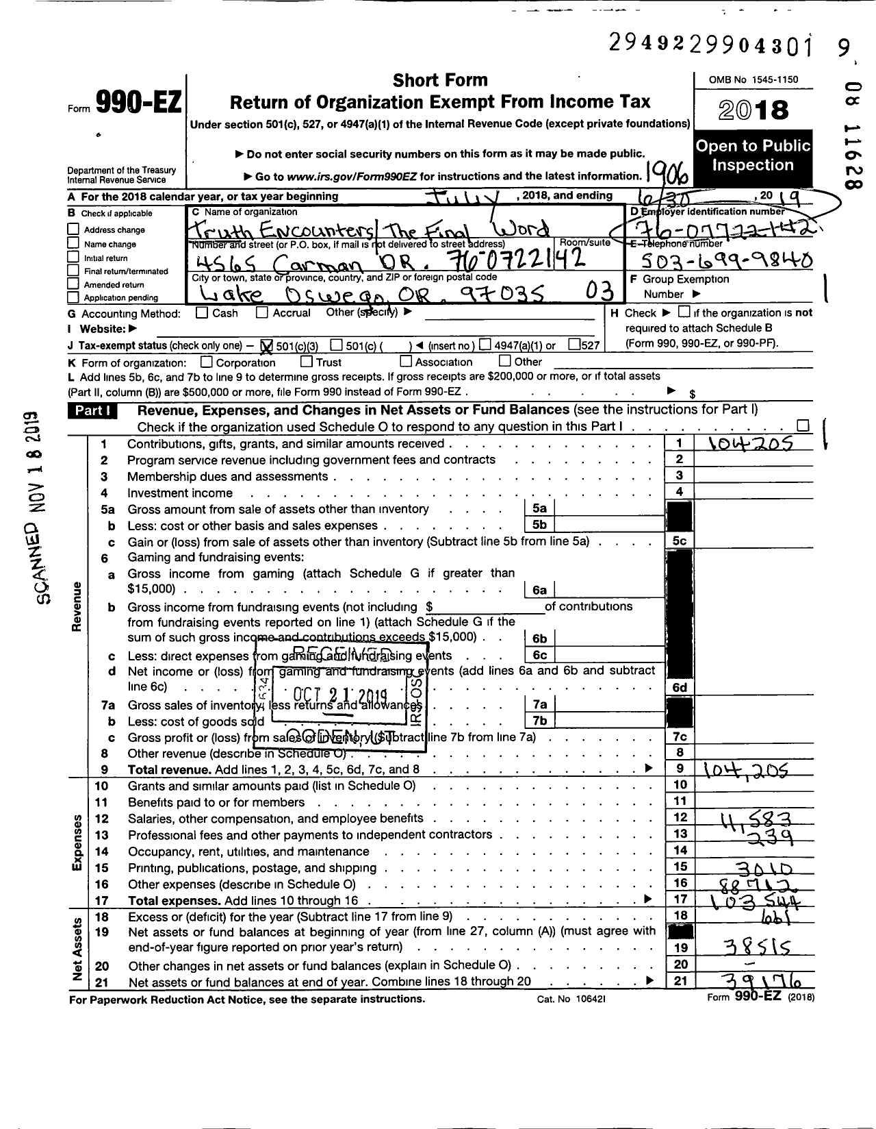 Image of first page of 2018 Form 990EZ for Truth Encounters