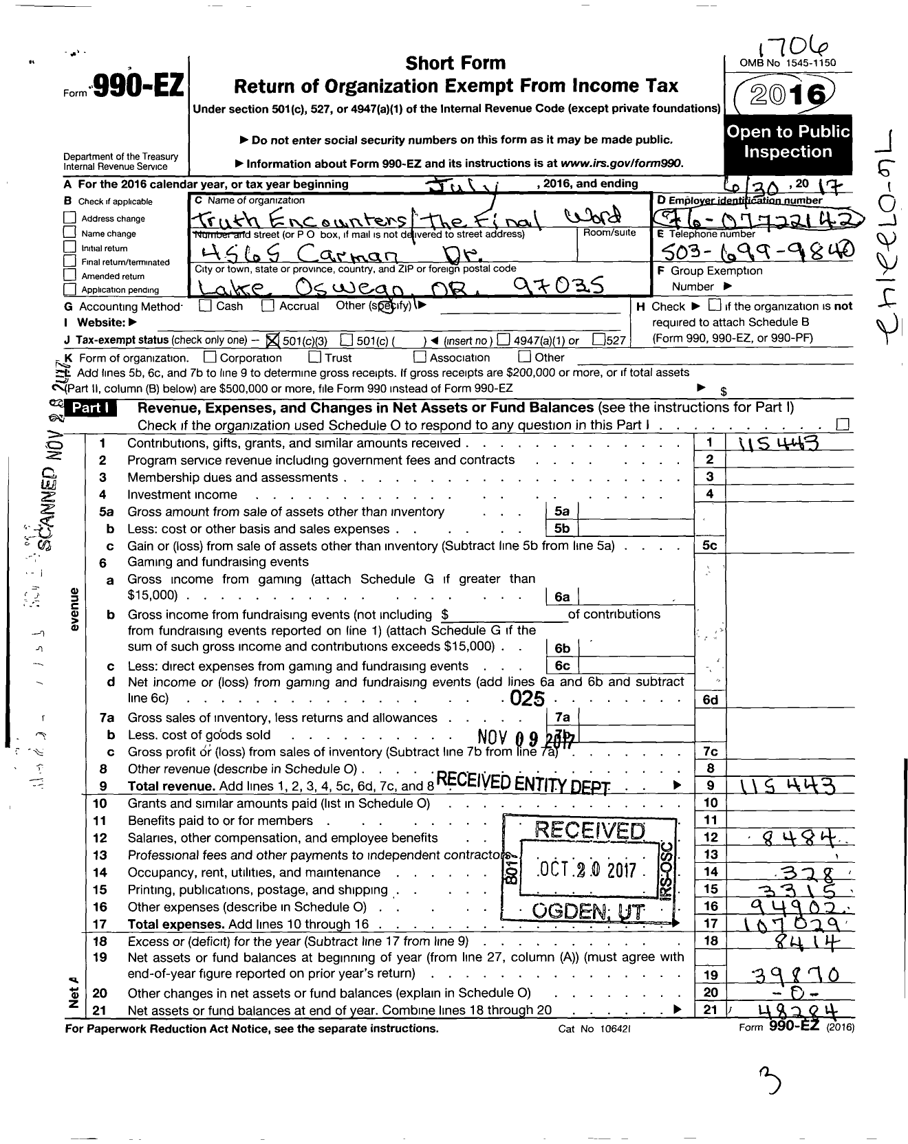 Image of first page of 2016 Form 990EZ for Truth Encounters