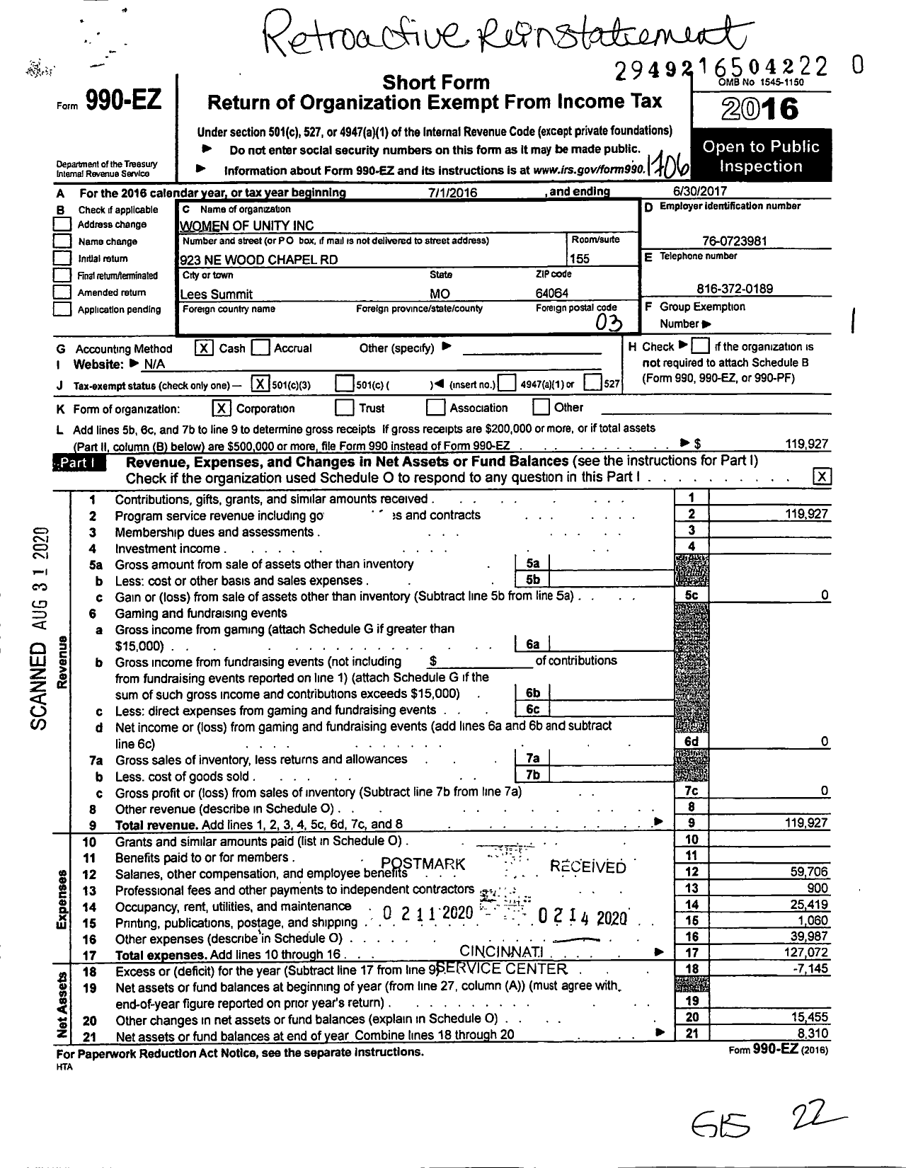 Image of first page of 2016 Form 990EZ for Women of Unity